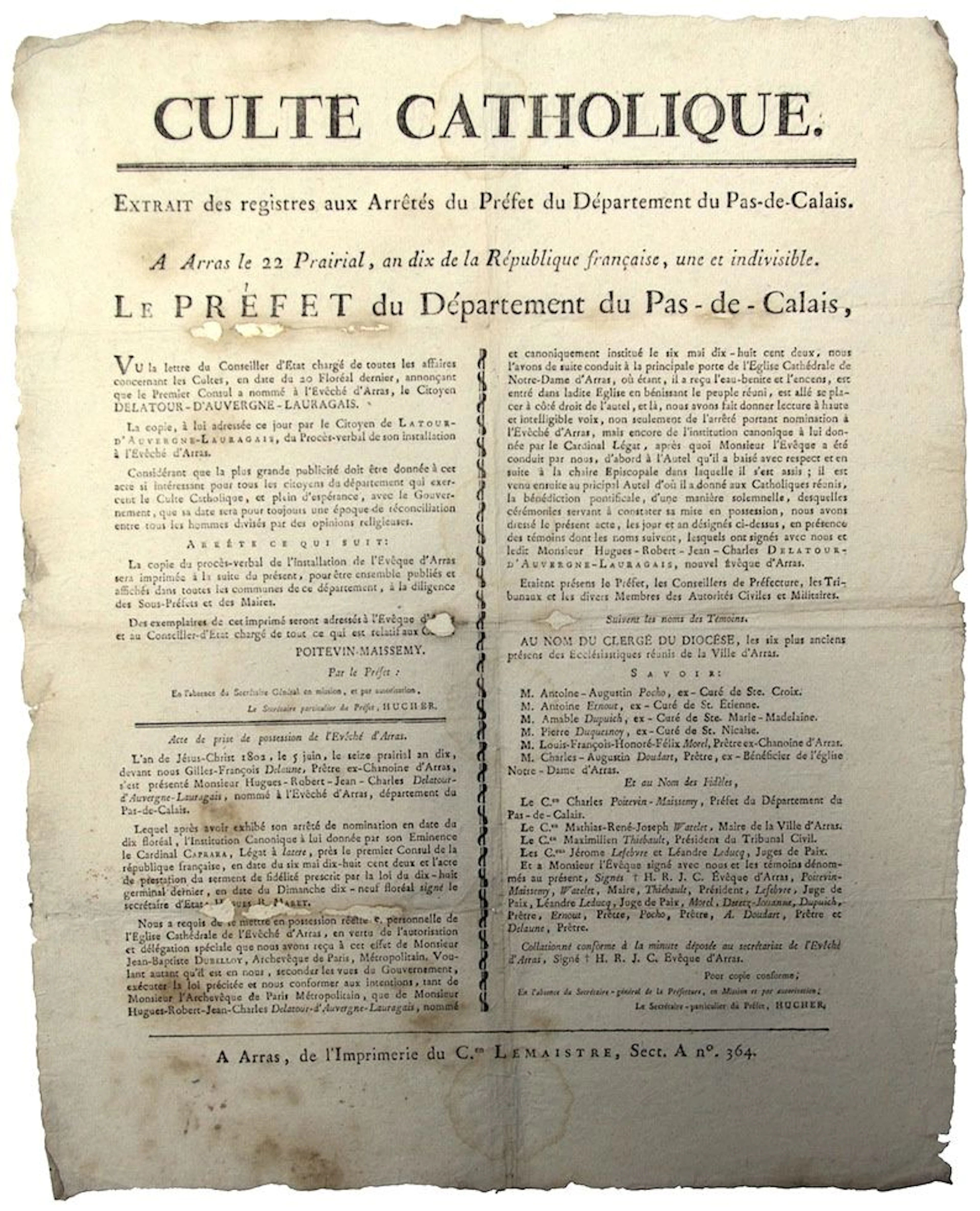 PAS-DE-CALAIS. (Installation of the Bishop of ARRAS). “CATHO - Lot 331