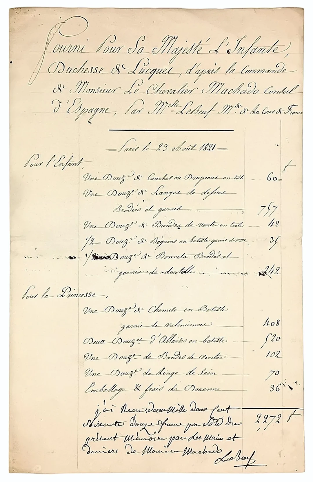Birth of Louise de BOURBON, Princess of LUCCA. “Invoice for - Lot 426