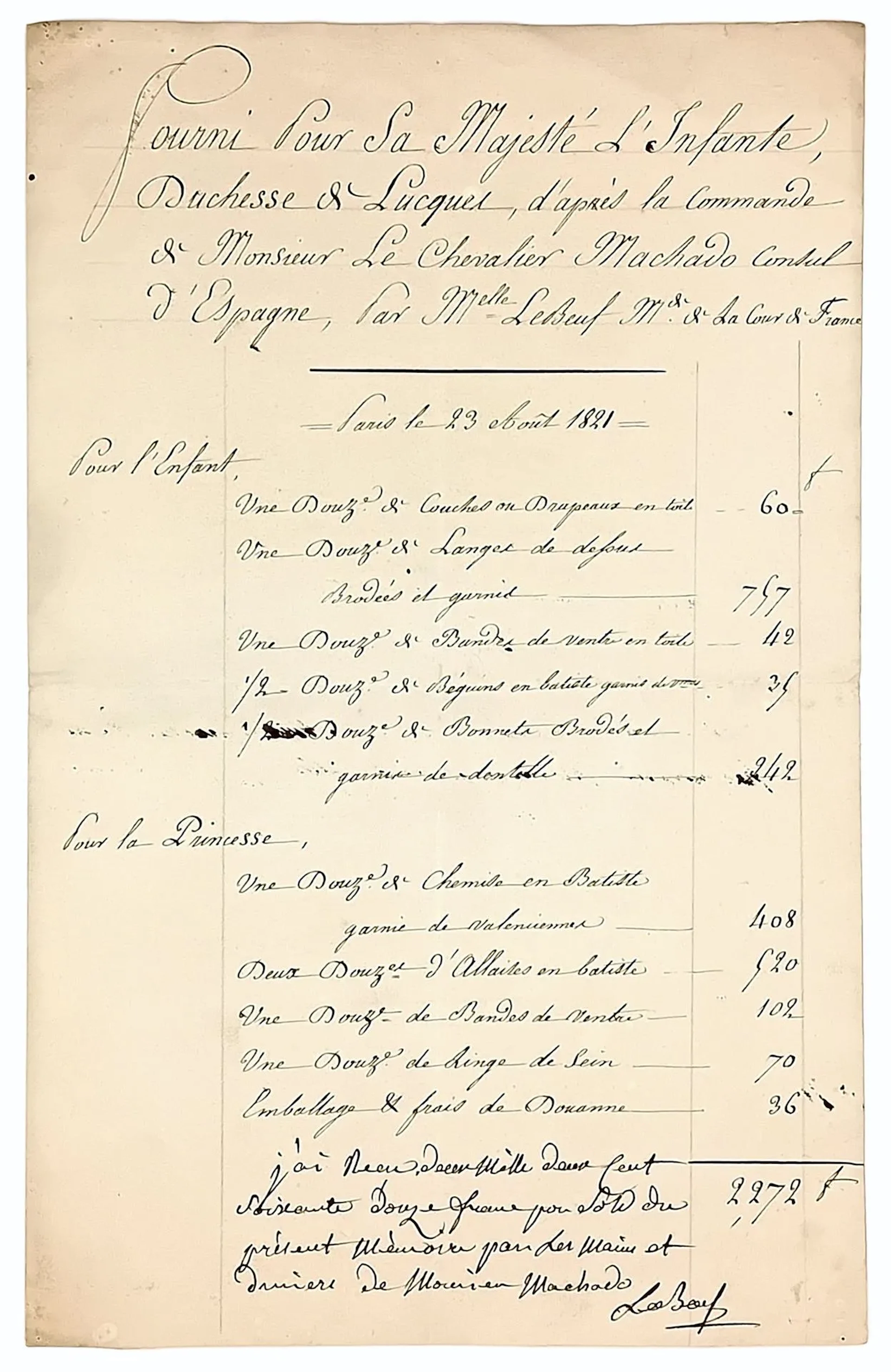 Birth of Louise de BOURBON, Princess of LUCCA. “Invoice for - Lot 426