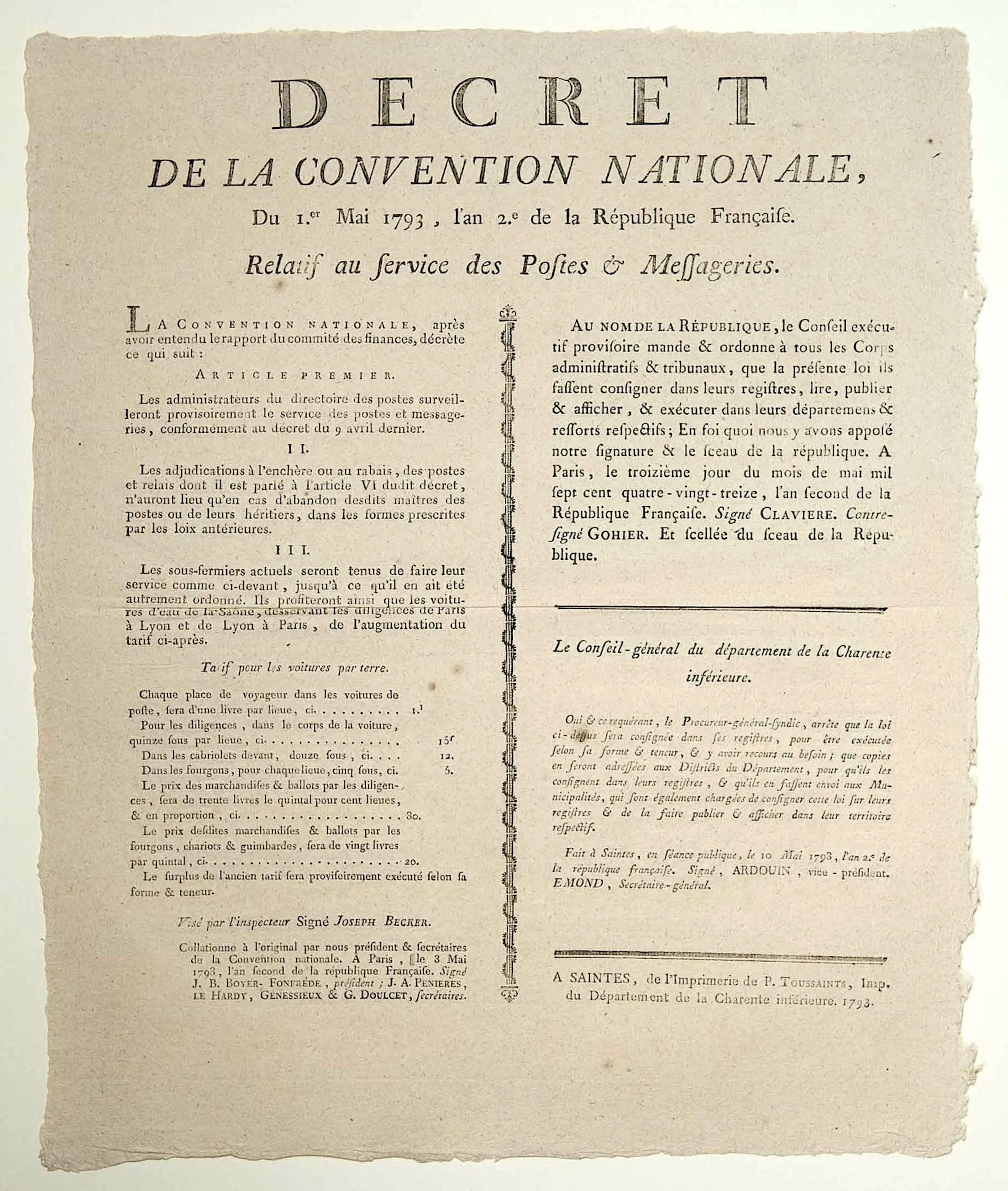 POSTS and MESSENGERIES. 1793. "Décret de la Convention Natio - Lot 225
