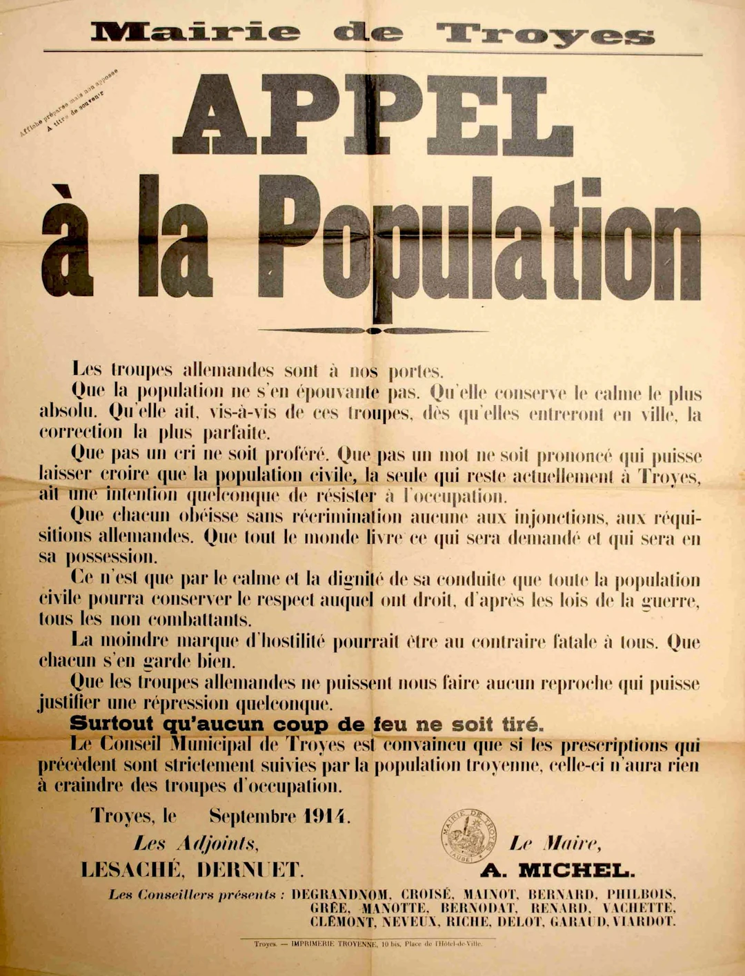 (AUBE) MAIRIE DE TROYES, September 1914. "APPEAL TO THE POPU - Lot 645