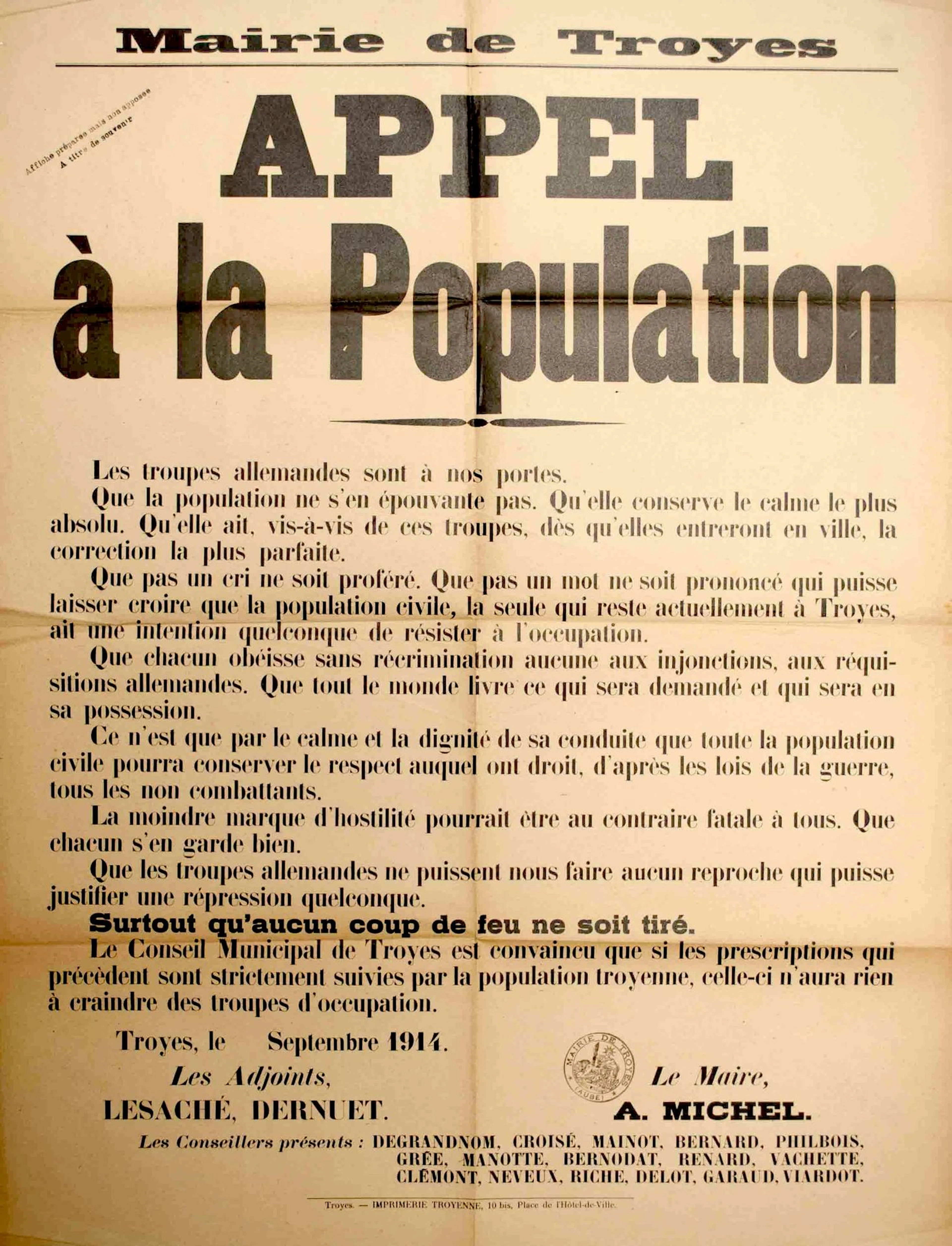 (AUBE) MAIRIE DE TROYES, September 1914. "APPEAL TO THE POPU - Lot 645