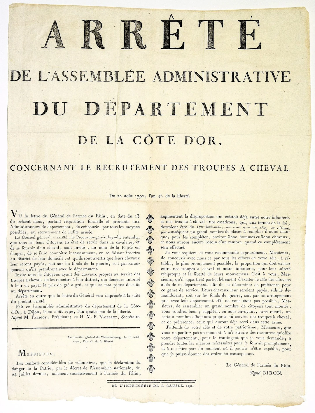 CÔTE D'OR. 1792. CAVALERIE. Arrêté de l'Assemblée administra - Lot 210