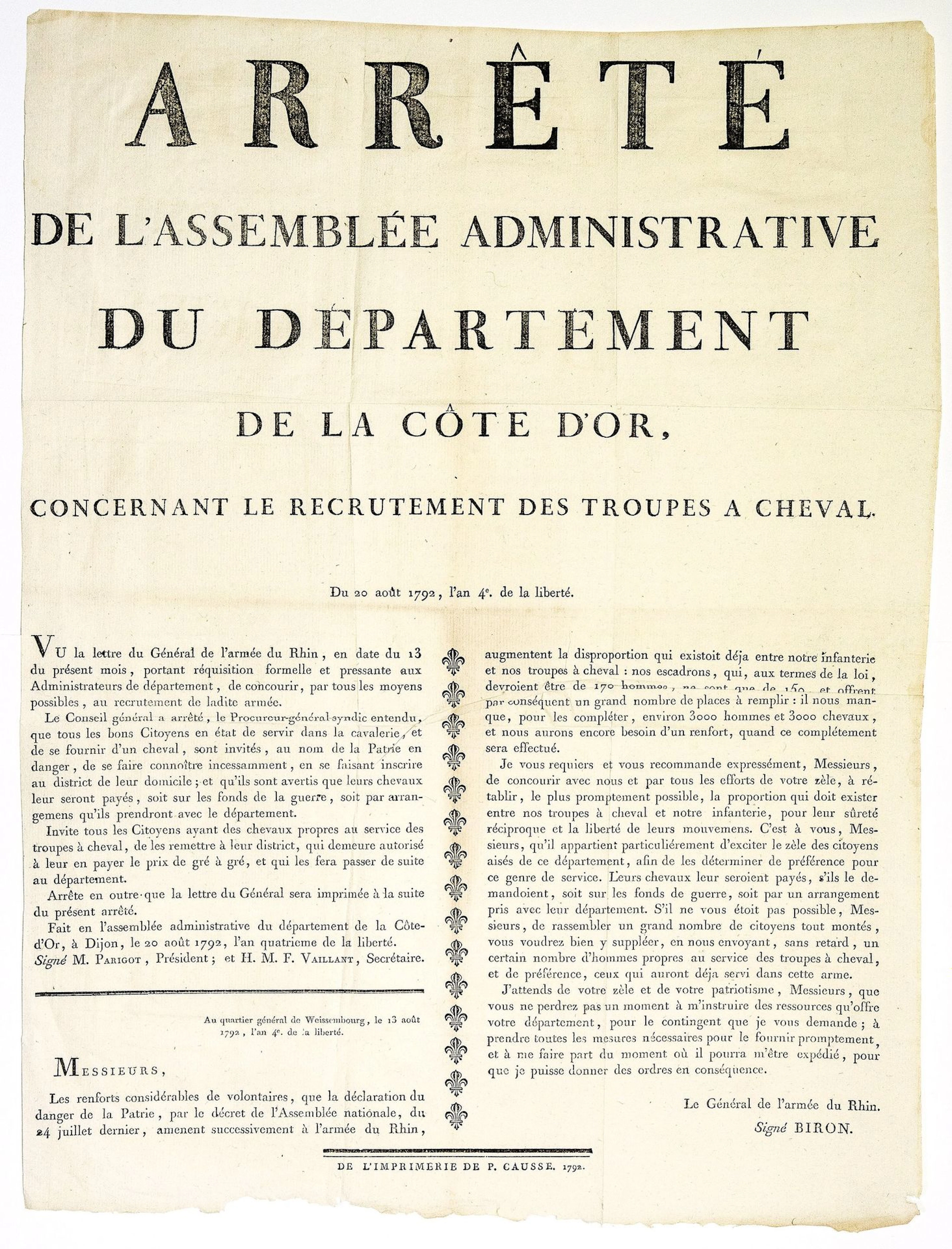 CÔTE D'OR. 1792. CAVALERIE. Arrêté de l'Assemblée administra - Lot 210