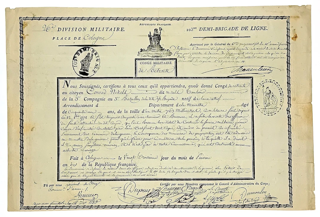 MEURTHE. 1802. Place de COLOGNE (Germany). Congé militaire d - Lot 321