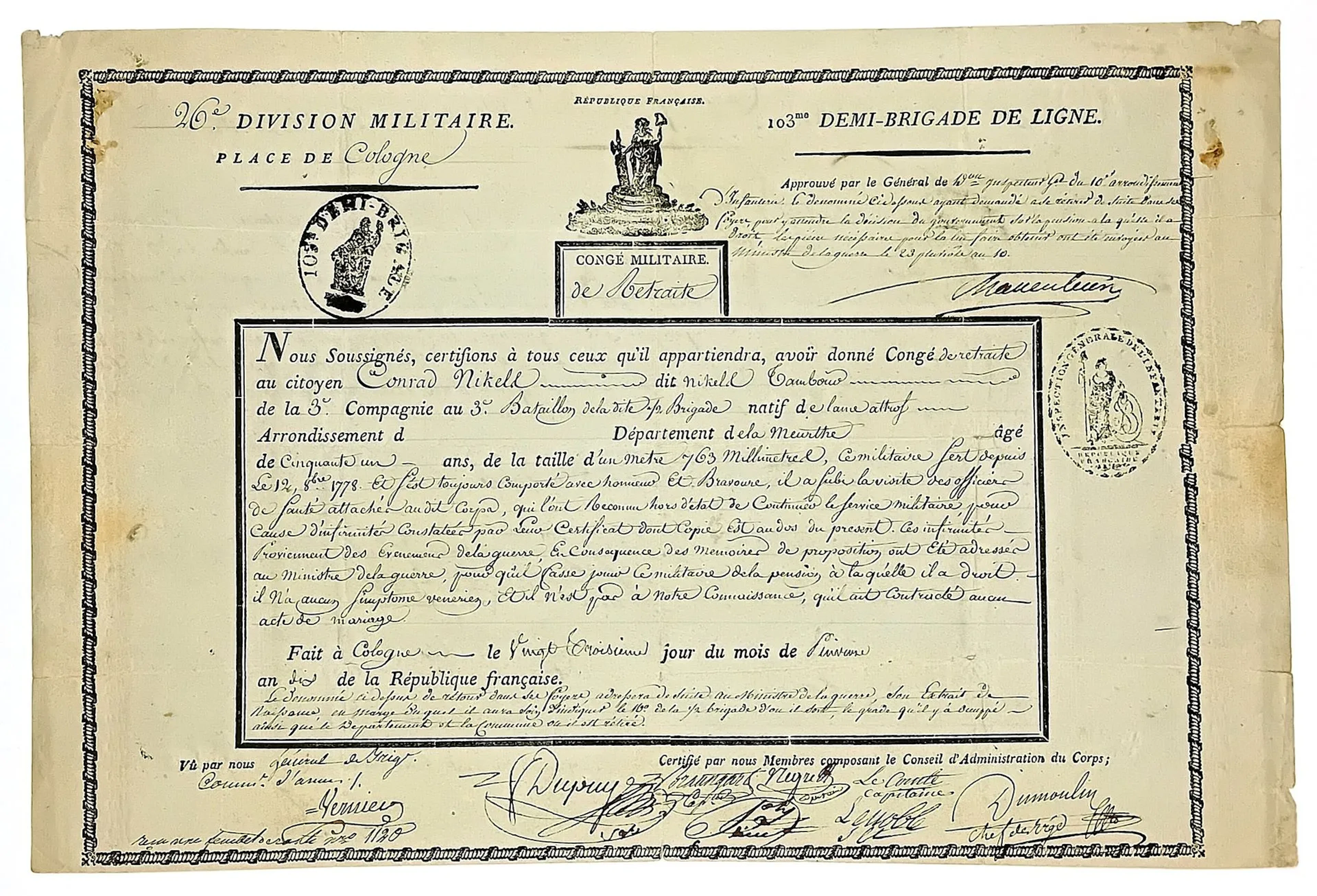 MEURTHE. 1802. Place de COLOGNE (Germany). Congé militaire d - Lot 321
