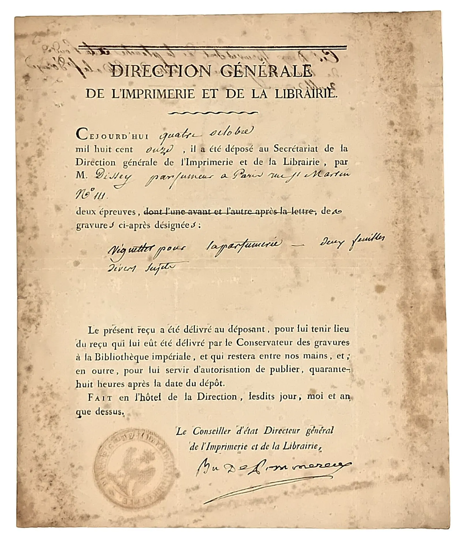 PERFUMER. “General Directorate of the PRINTING OFFICE and th - Lot 386