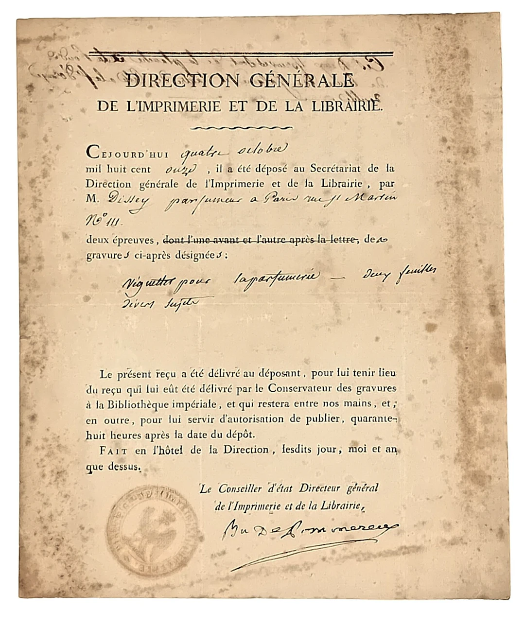 PERFUMER. “General Directorate of the PRINTING OFFICE and th - Lot 386