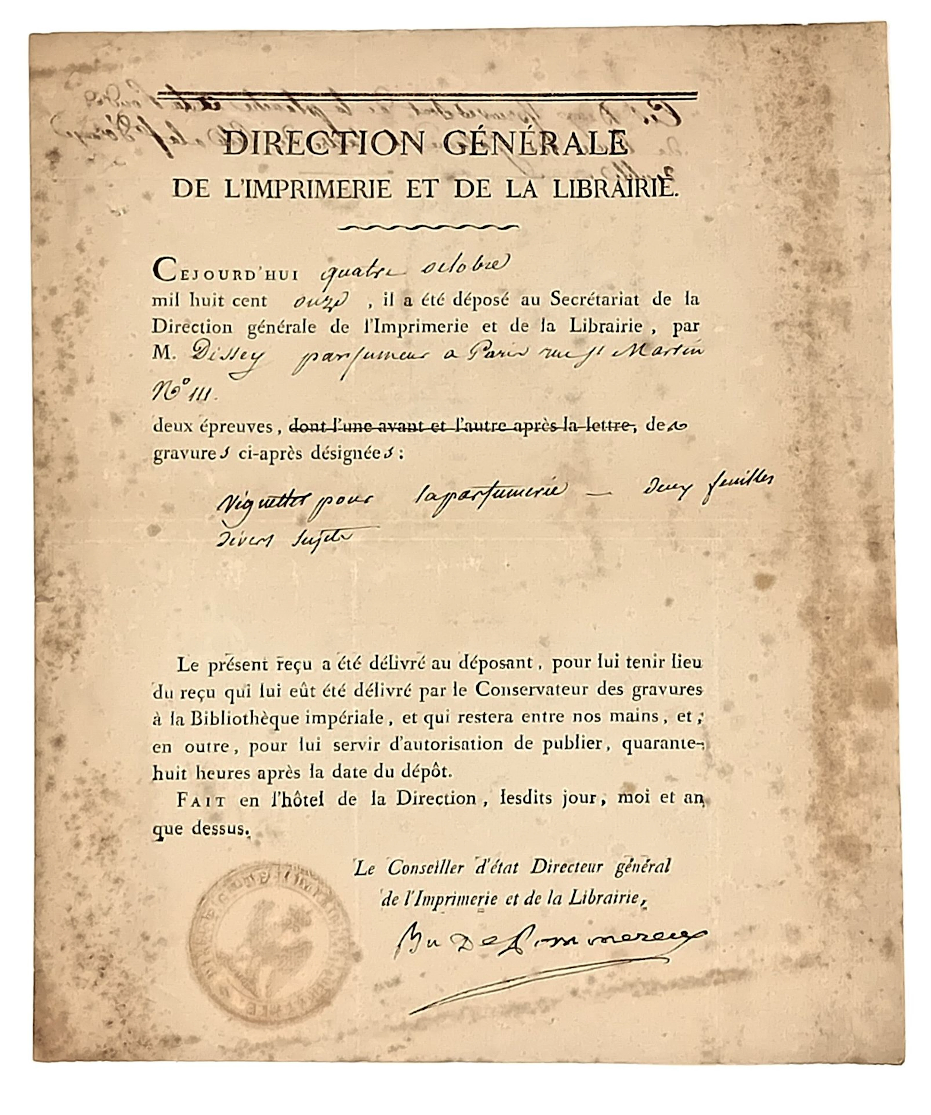 PERFUMER. “General Directorate of the PRINTING OFFICE and th - Lot 386