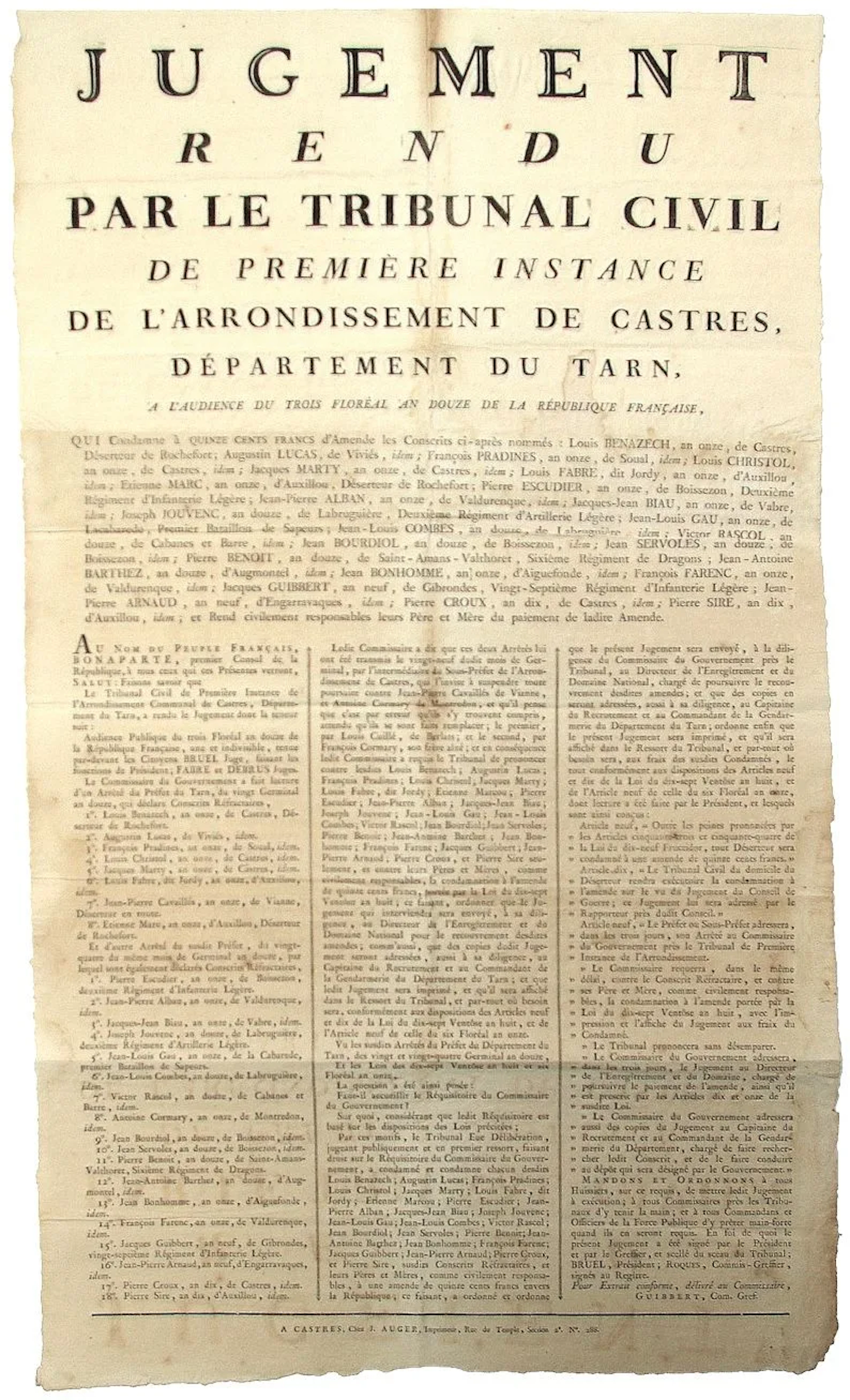 TARN. JUDGMENT rendered by the CIVIL COURT of First Instance - Lot 347