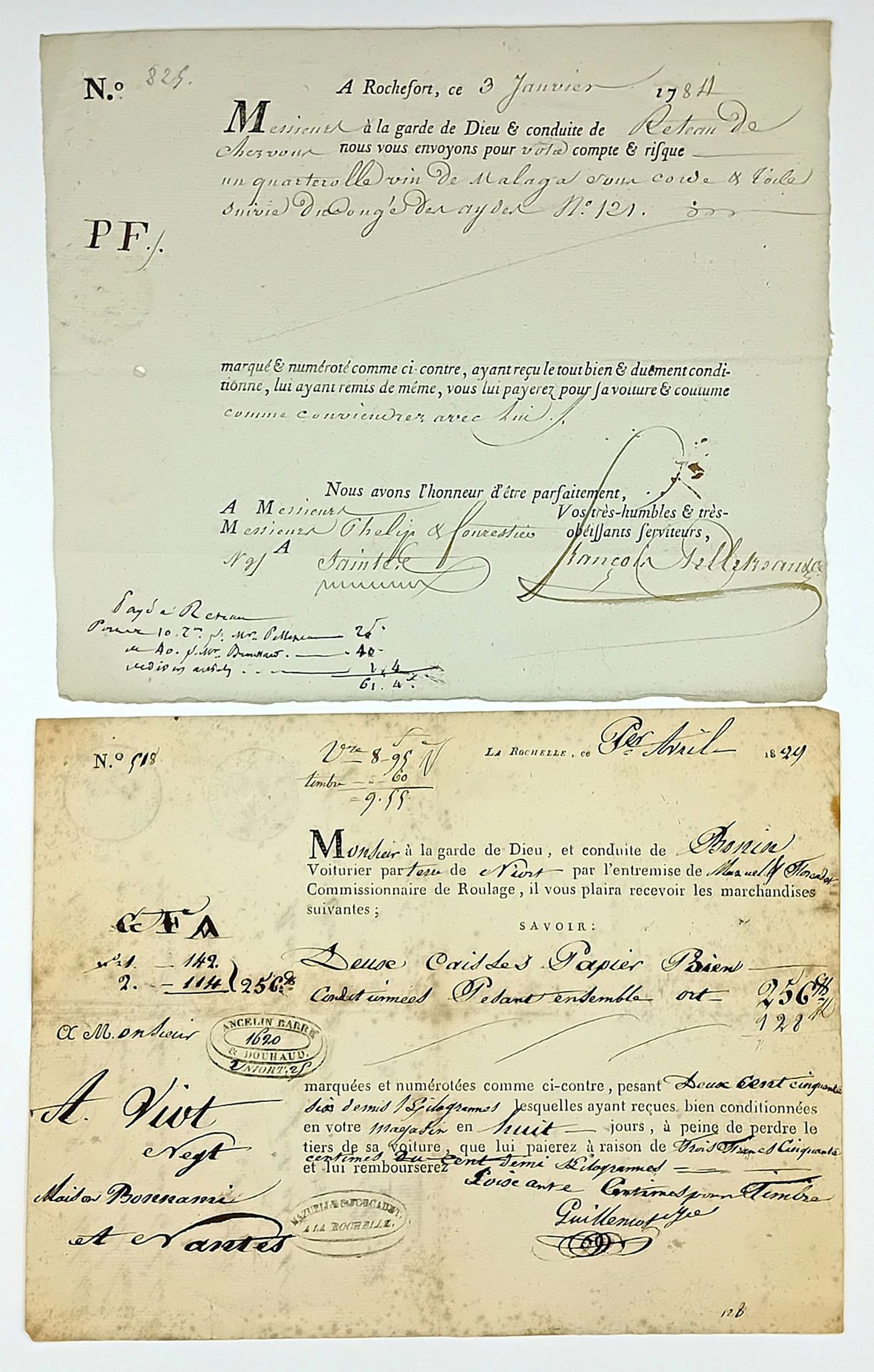 CHARENTE MARITIME. 3 Documents from 1784, 1829, 1895: Bill o - Lot 145