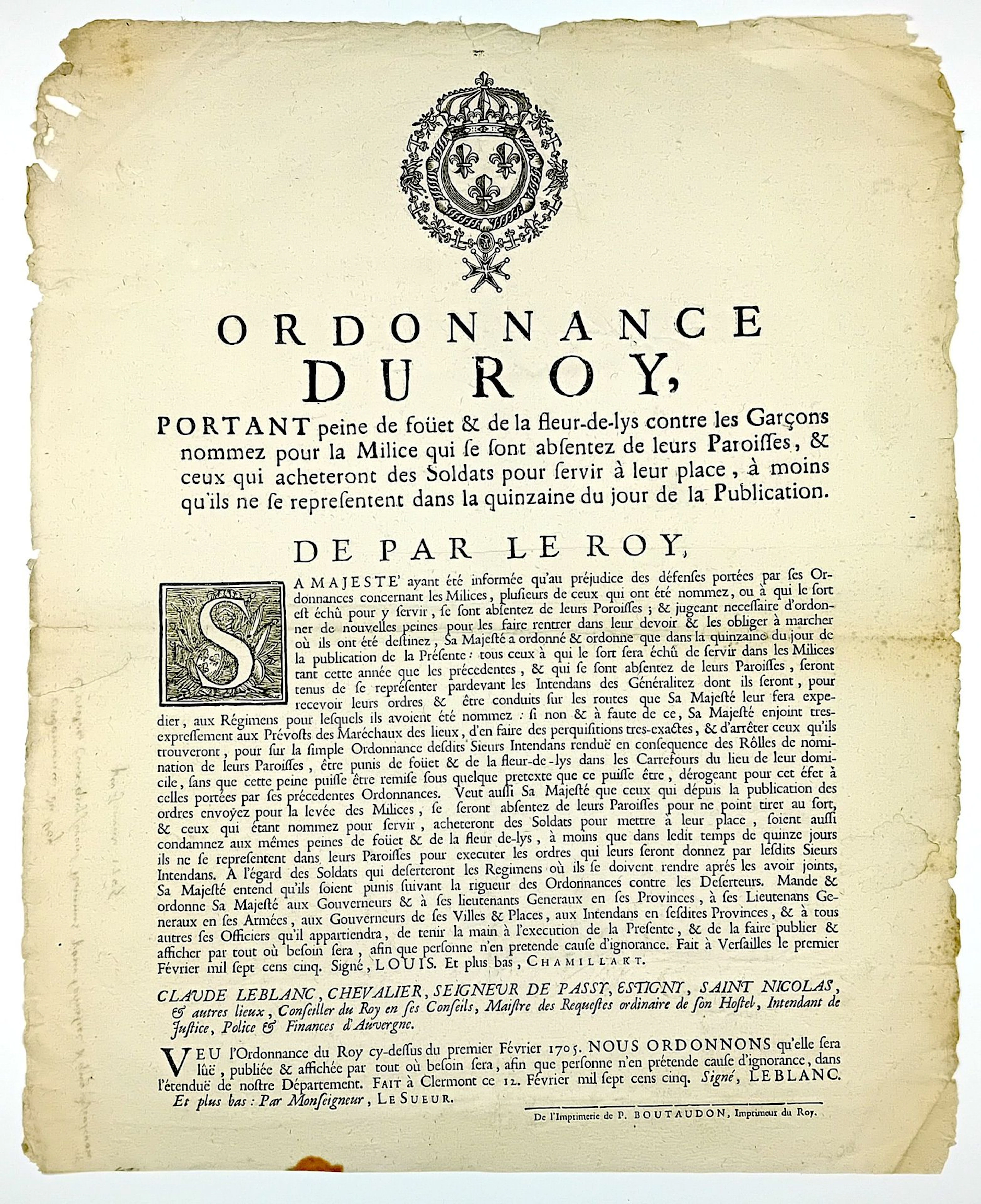 AUVERGNE. MILITIA 1705. “Ordinance of King LOUIS XIV, imposi - Lot 44