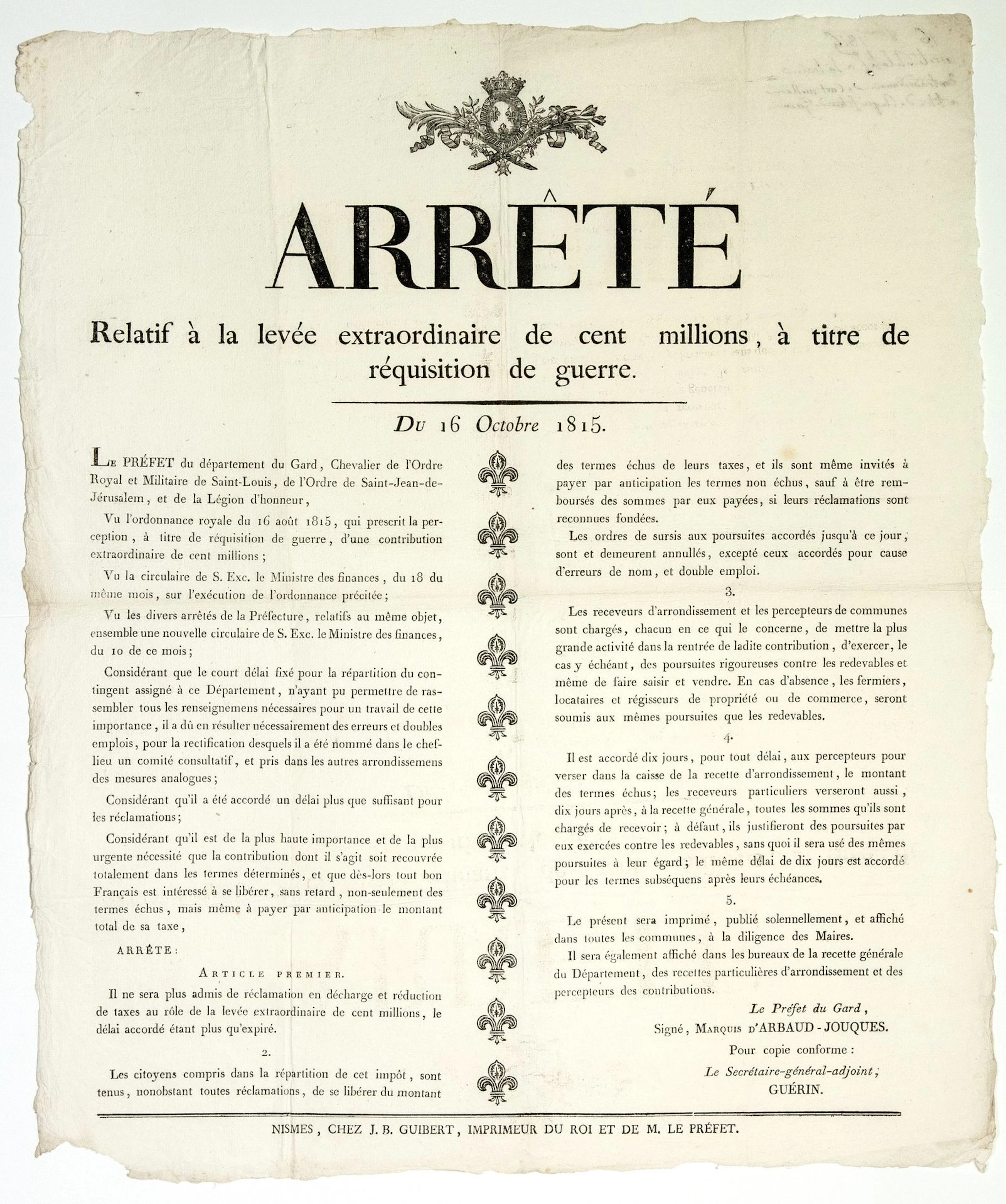 GARD. 1815. Arrêté relative à la LEVÉE EXTRAORDINAIRE DE CEN - Lot 414