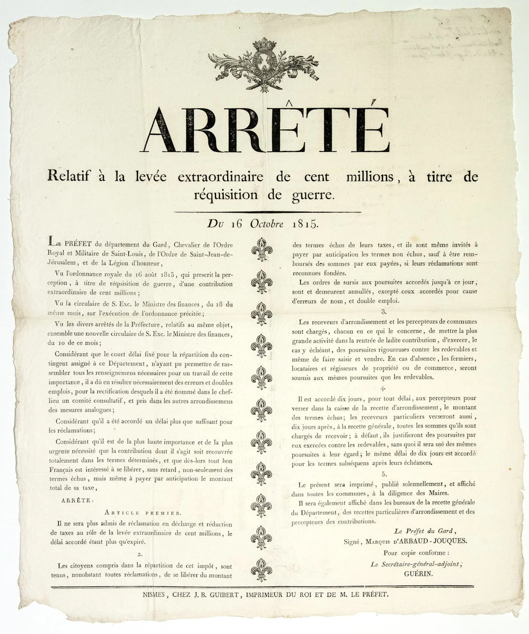 GARD. 1815. Arrêté relative à la LEVÉE EXTRAORDINAIRE DE CEN - Lot 414