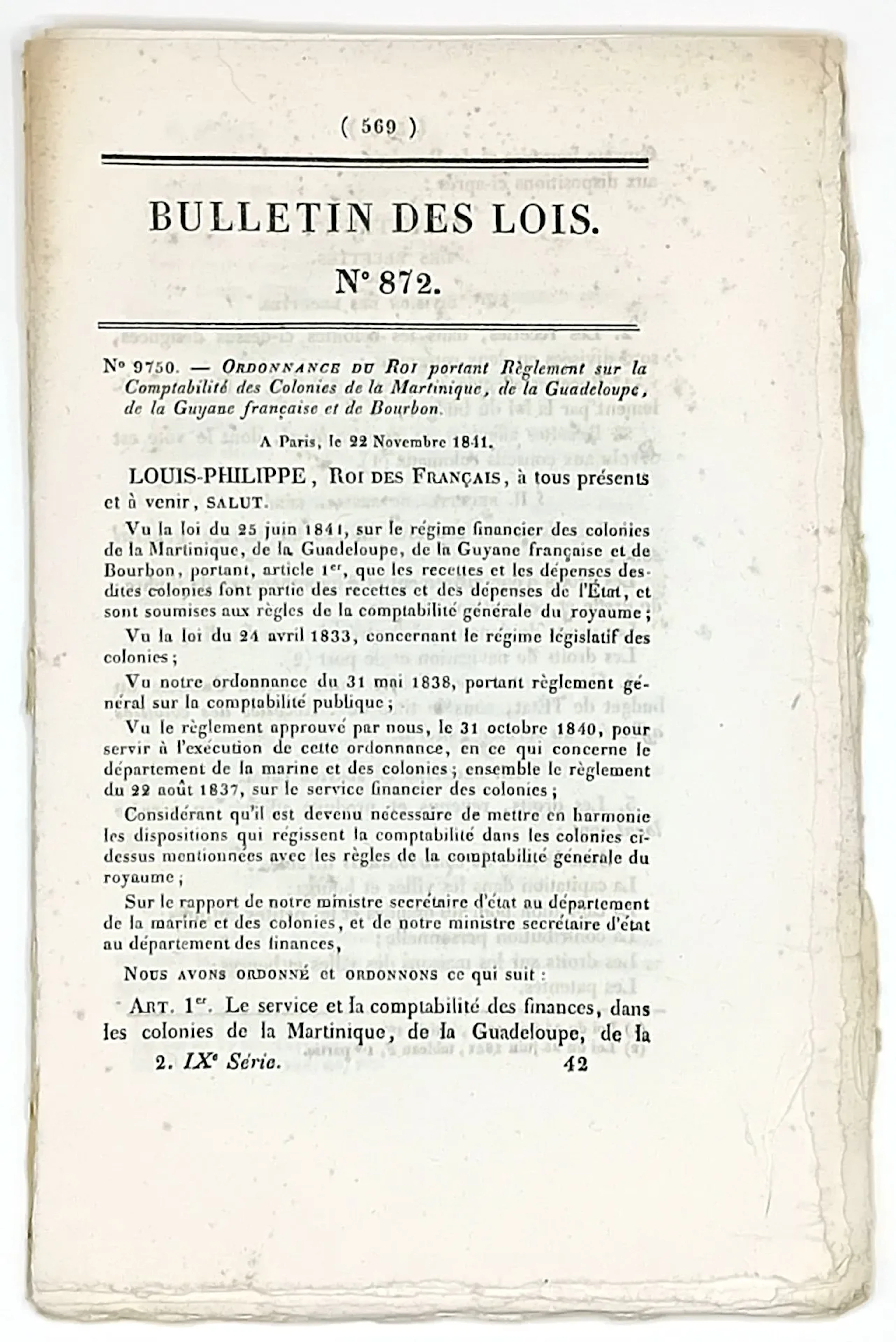 COLONIES - “Royal Ordinance Establishing Regulations for the - Lot 471
