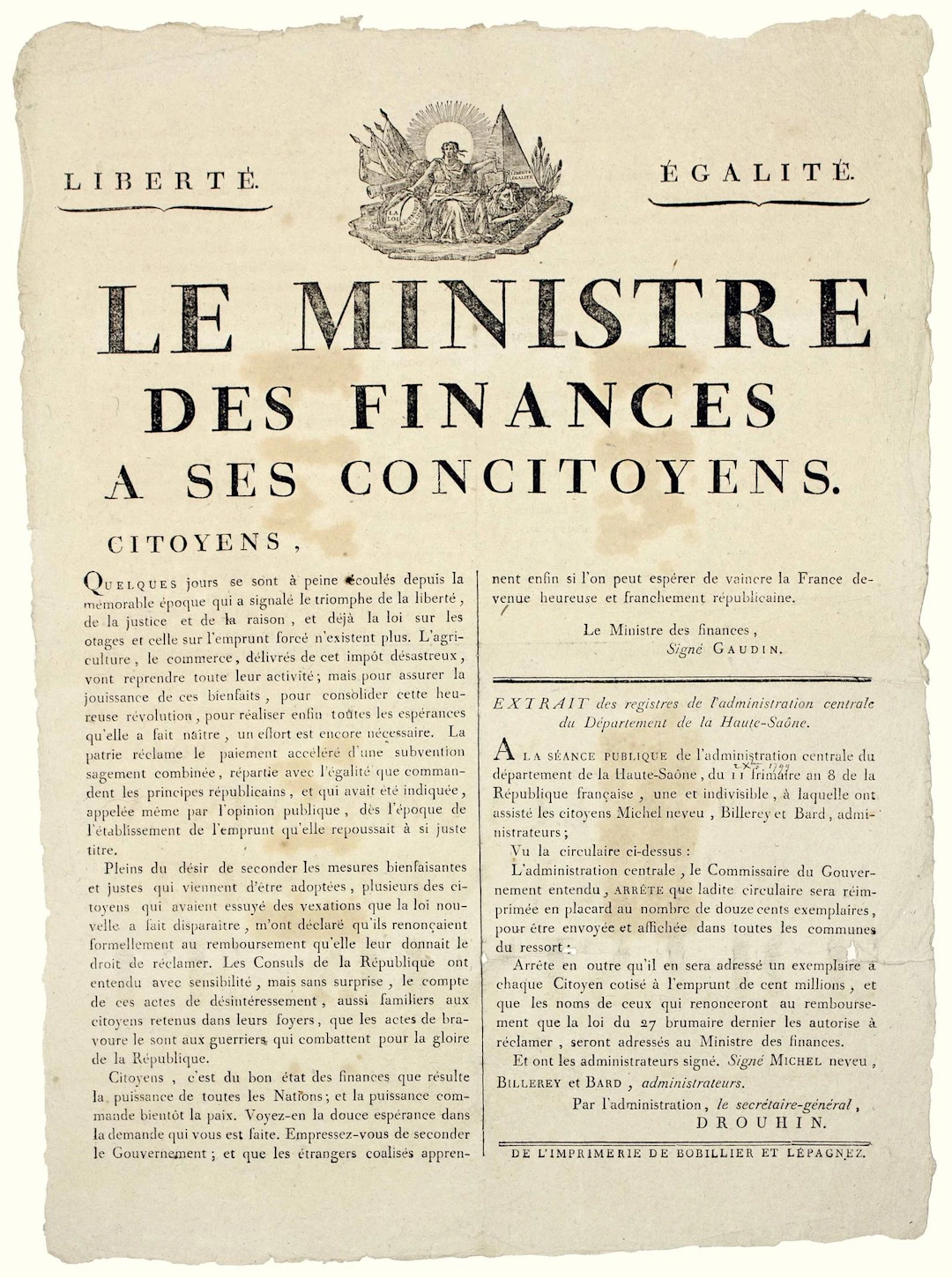 HAUTE-SAÔNE. (COMPULSORY LOAN). Letter from GAUDIN, Minister - Lot 292