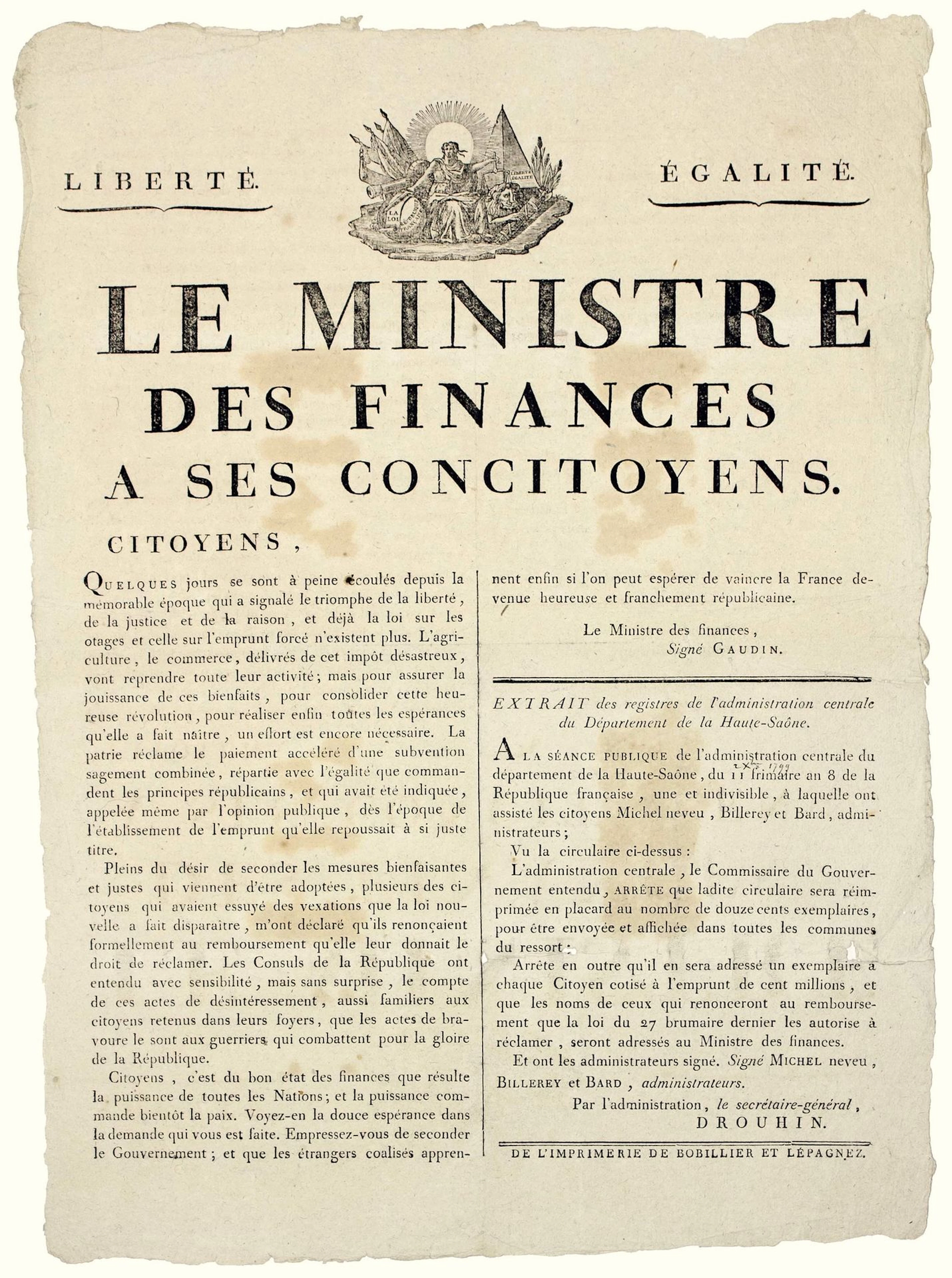 HAUTE-SAÔNE. (COMPULSORY LOAN). Letter from GAUDIN, Minister - Lot 292