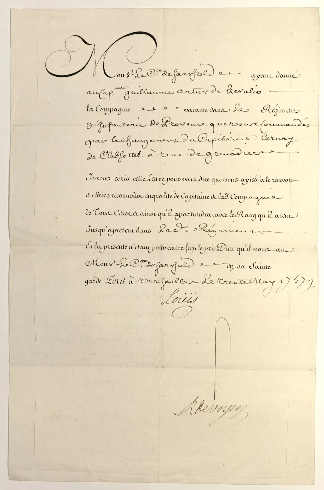LOUIS XV. Royal letter confirming the acceptance of Captain - Lot 87