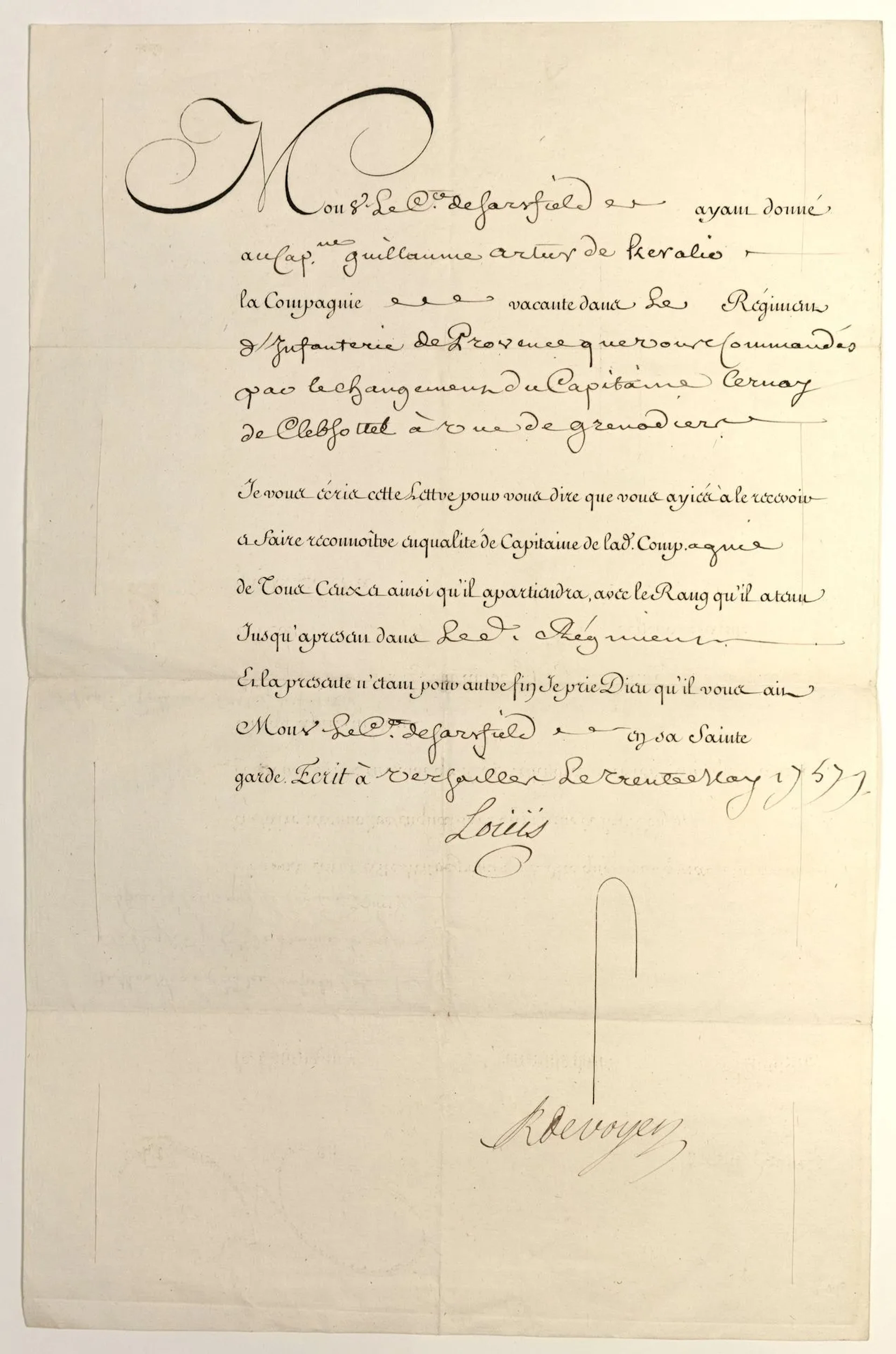 LOUIS XV. Royal letter confirming the acceptance of Captain - Lot 87