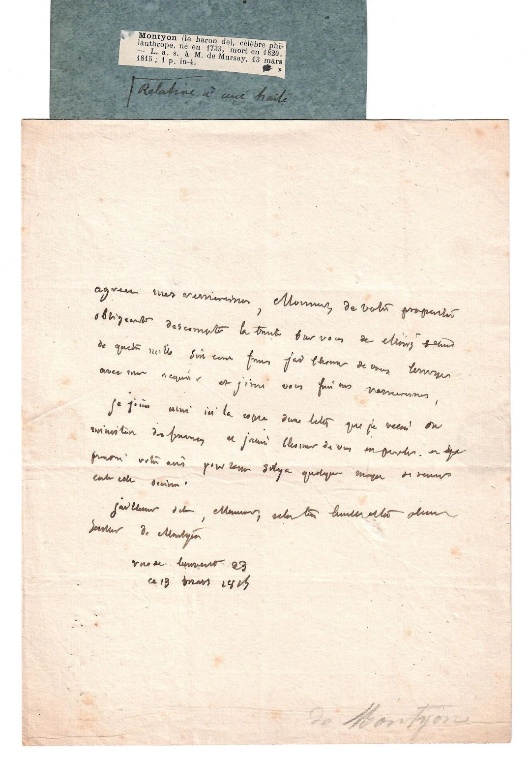 Jean Baptiste MONTYON [1733–1820]—Philanthropist and Economi - Lot 407