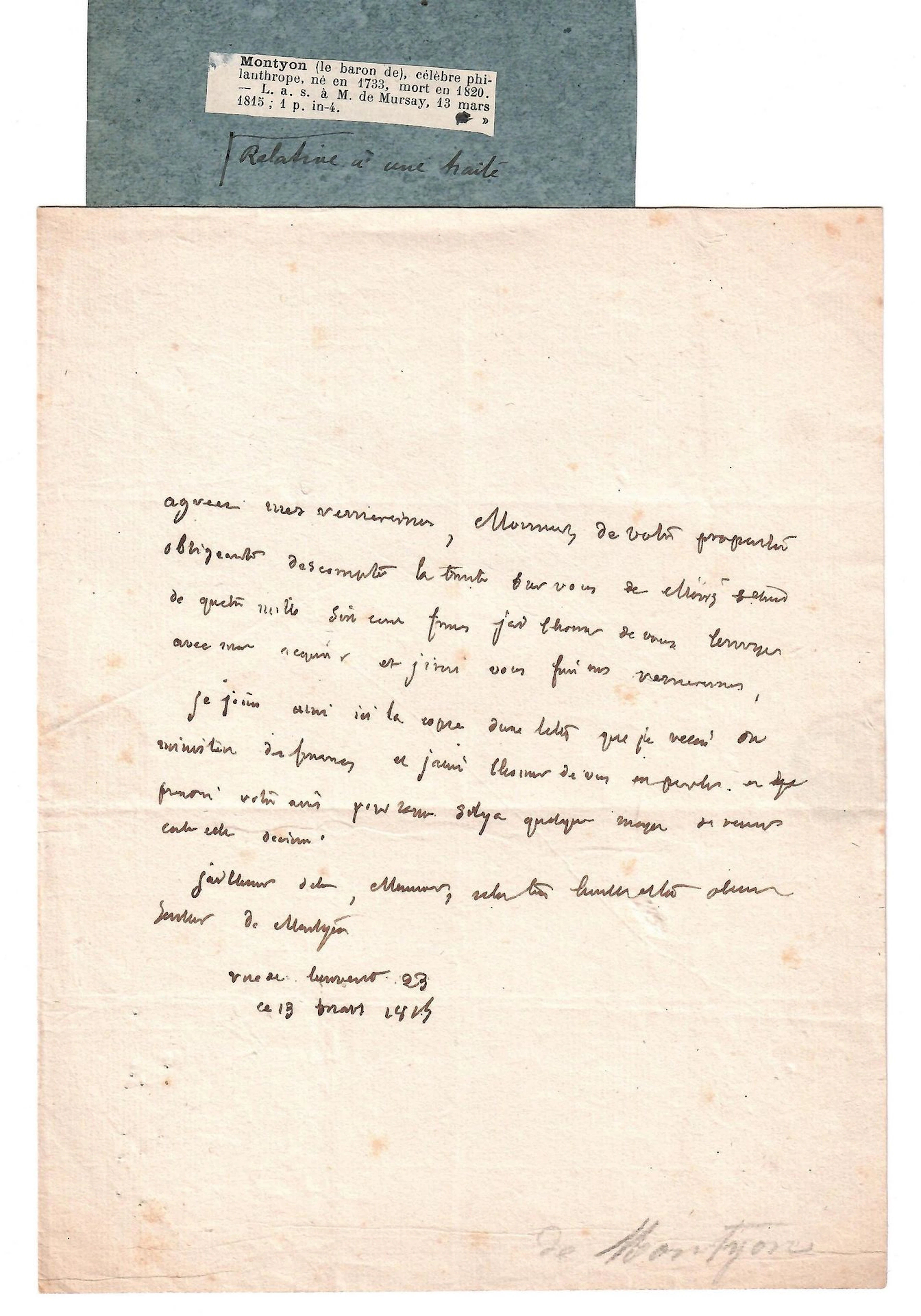 Jean Baptiste MONTYON [1733–1820]—Philanthropist and Economi - Lot 407