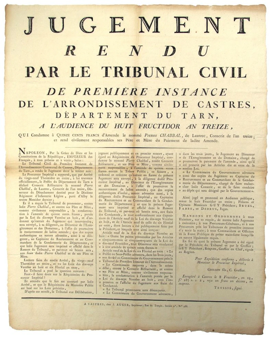 TARN. JUDGMENT rendered by the Civil Court of 1st Instance o - Lot 358