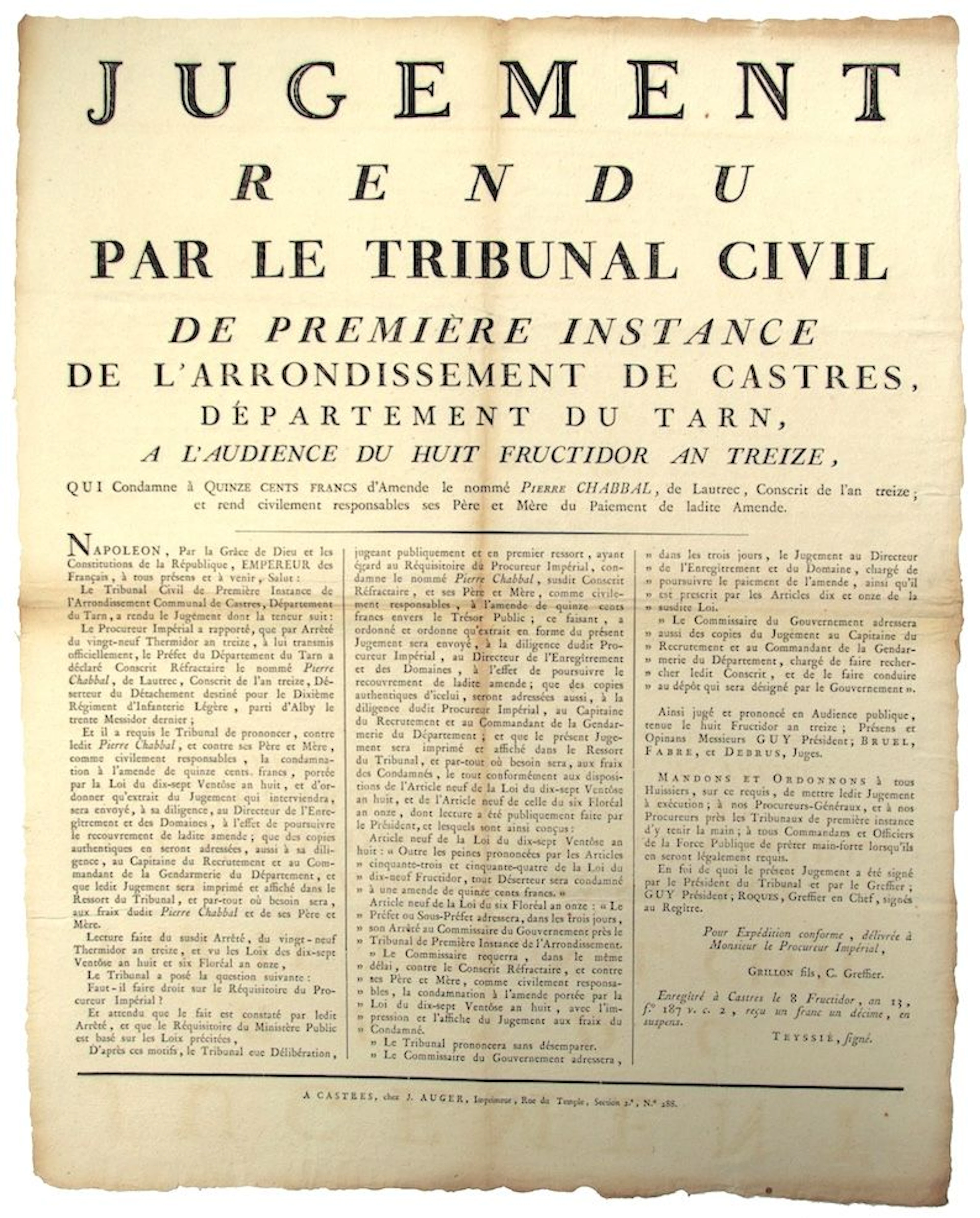 TARN. JUDGMENT rendered by the Civil Court of 1st Instance o - Lot 358