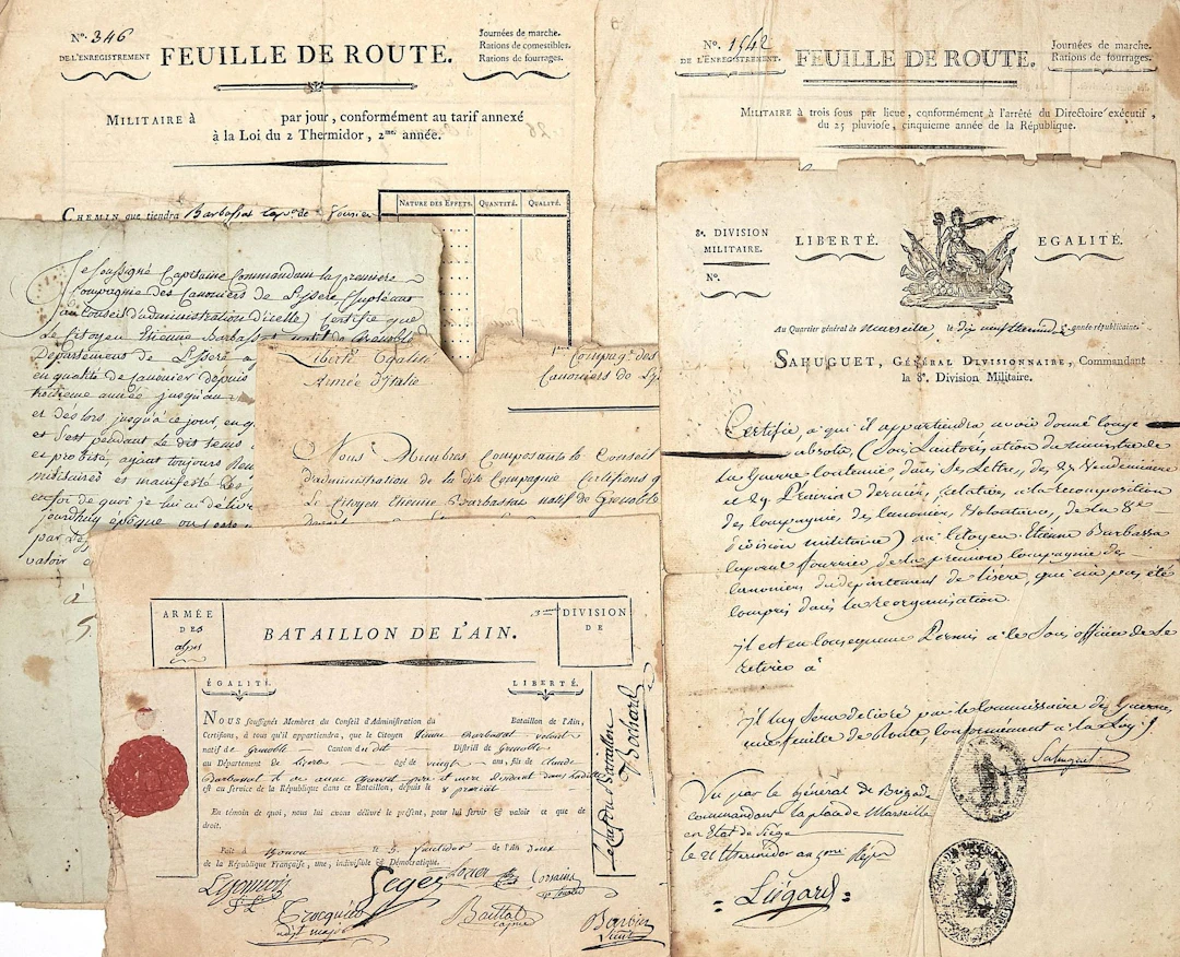 Military papers of Étienne BARBASA, Corporal, Gunner, native - Lot 240