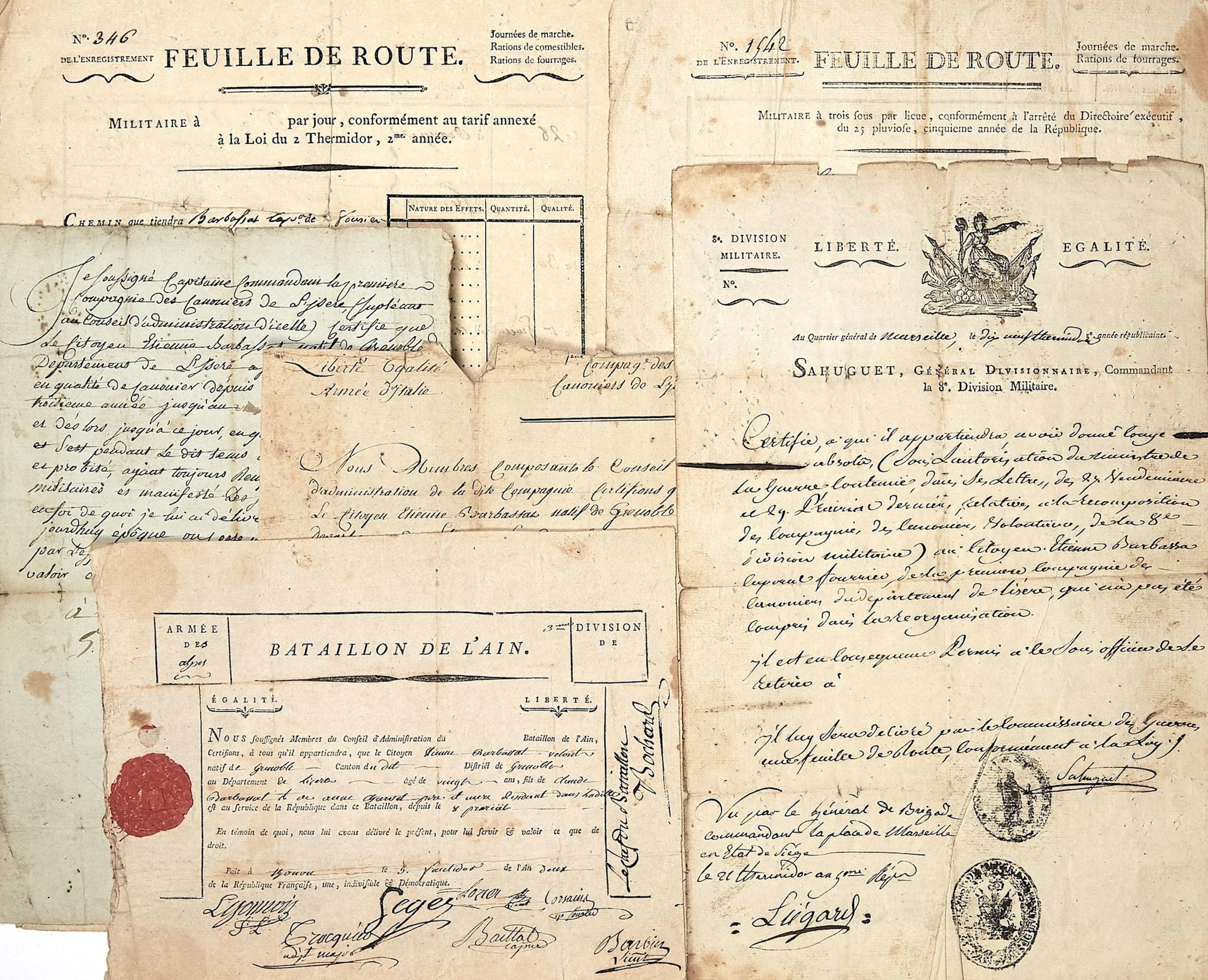 Military papers of Étienne BARBASA, Corporal, Gunner, native - Lot 240