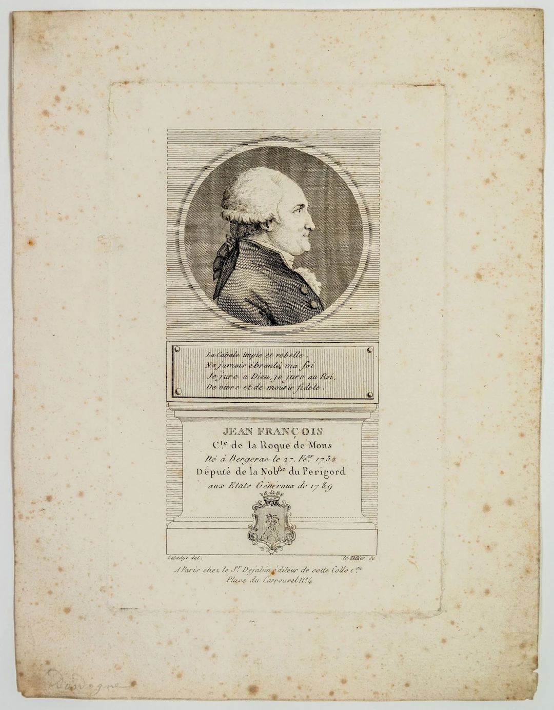 DORDOGNE. Jean François Comte de La ROQUE DE MONS, Député de - Lot 178