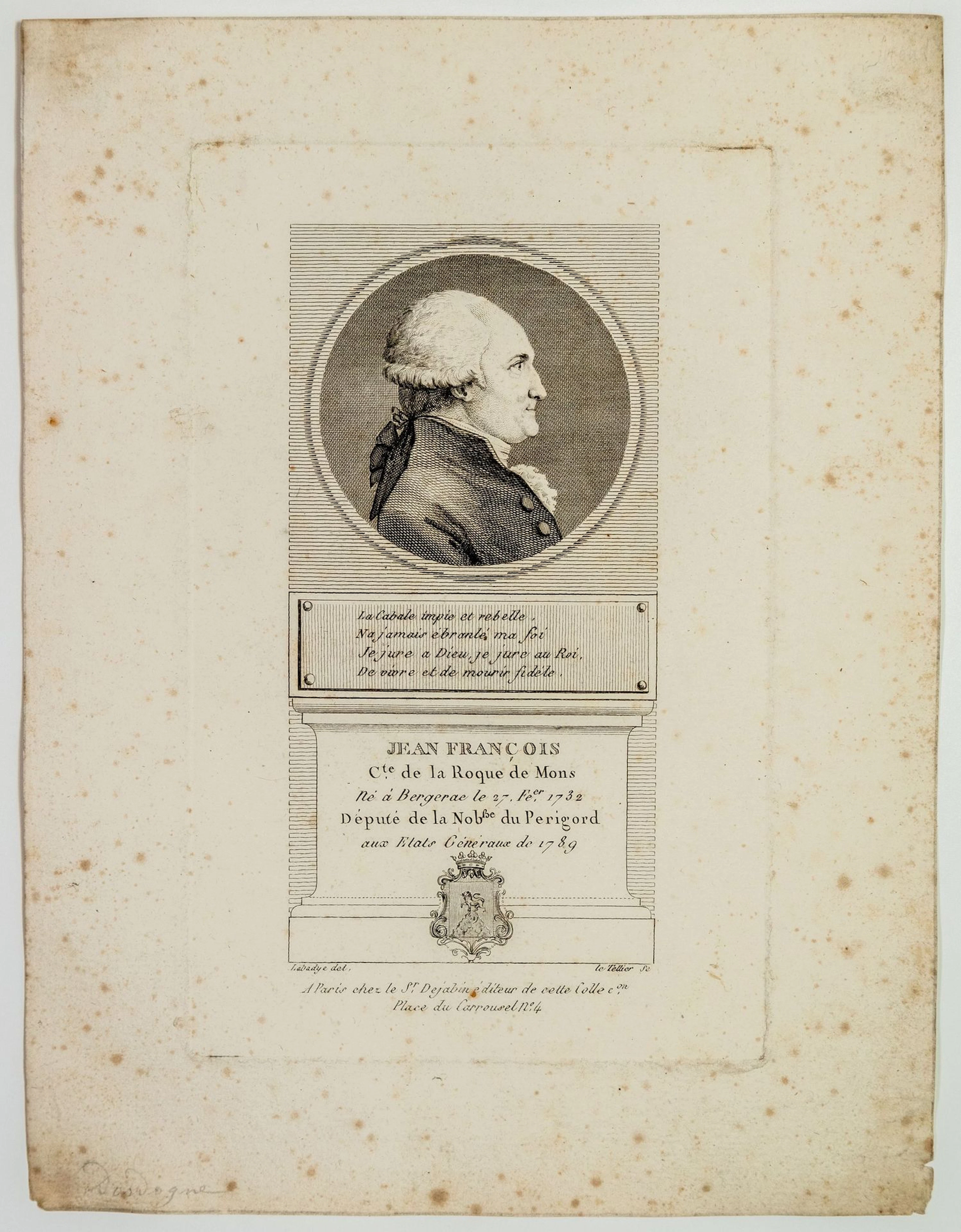 DORDOGNE. Jean François Comte de La ROQUE DE MONS, Député de - Lot 178