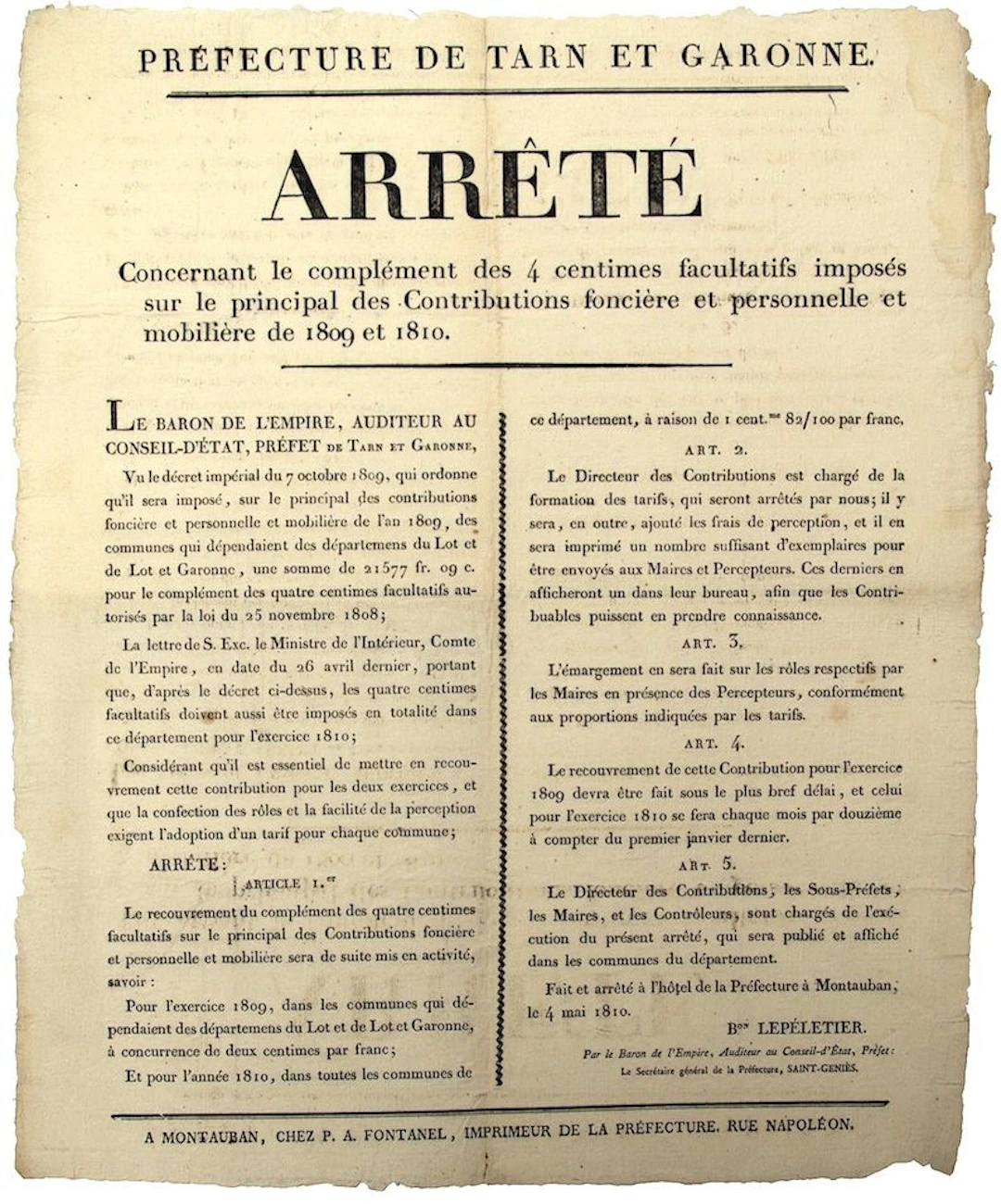 TARN-ET-GARONNE. Decree by Baron LE PÉLETIER, Auditor at the - Lot 376