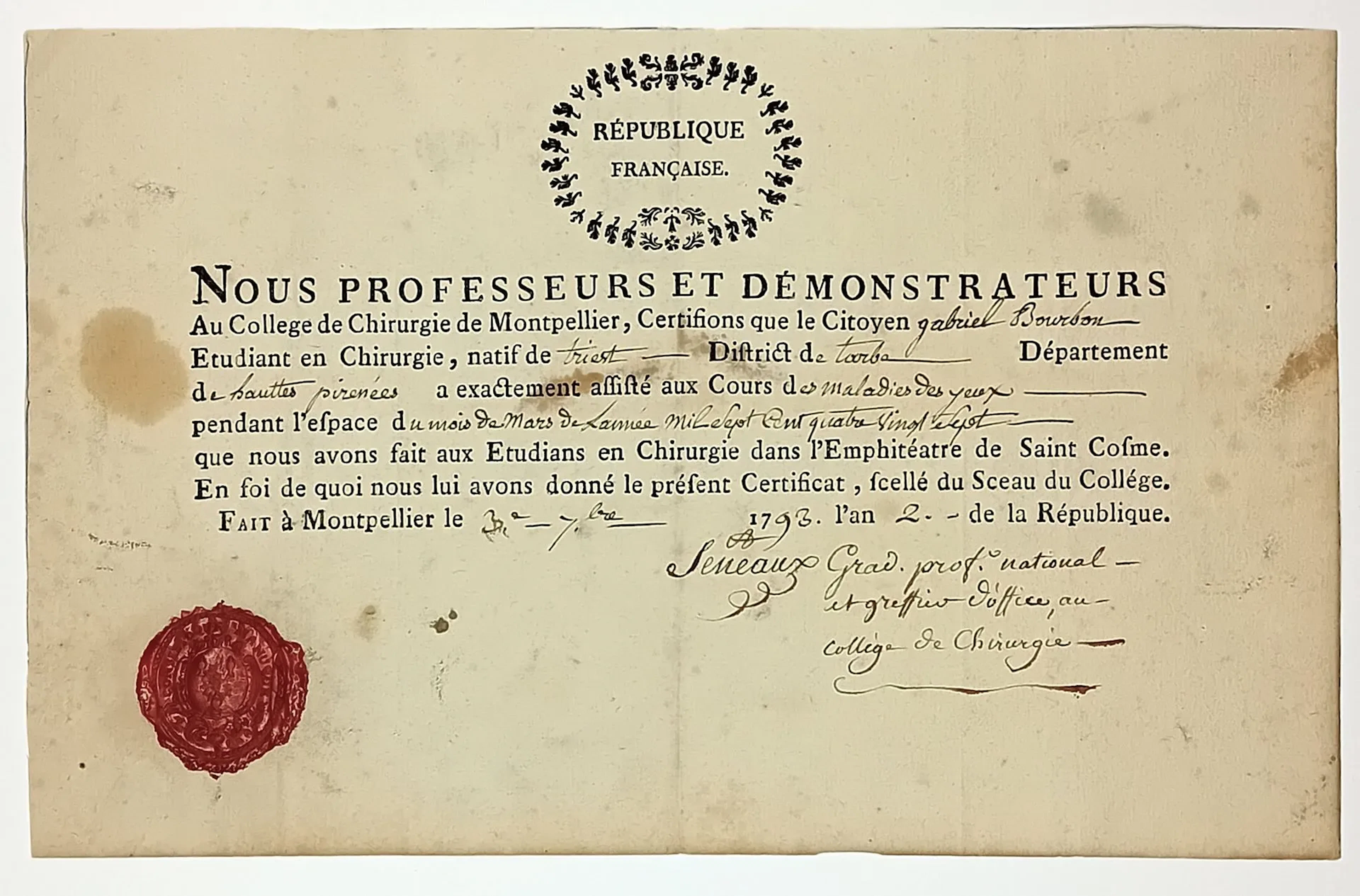 HÉRAULT. MONTPELLIER COLLEGE OF SURGERY. Document signed by - Lot 228