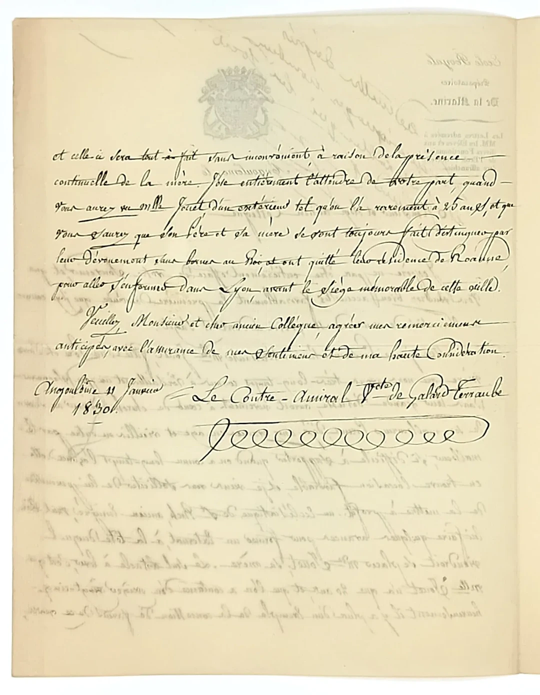 CHARENTE. ANGOULÈME, January 11, 1830 – Letter from Rear Adm - Lot 490
