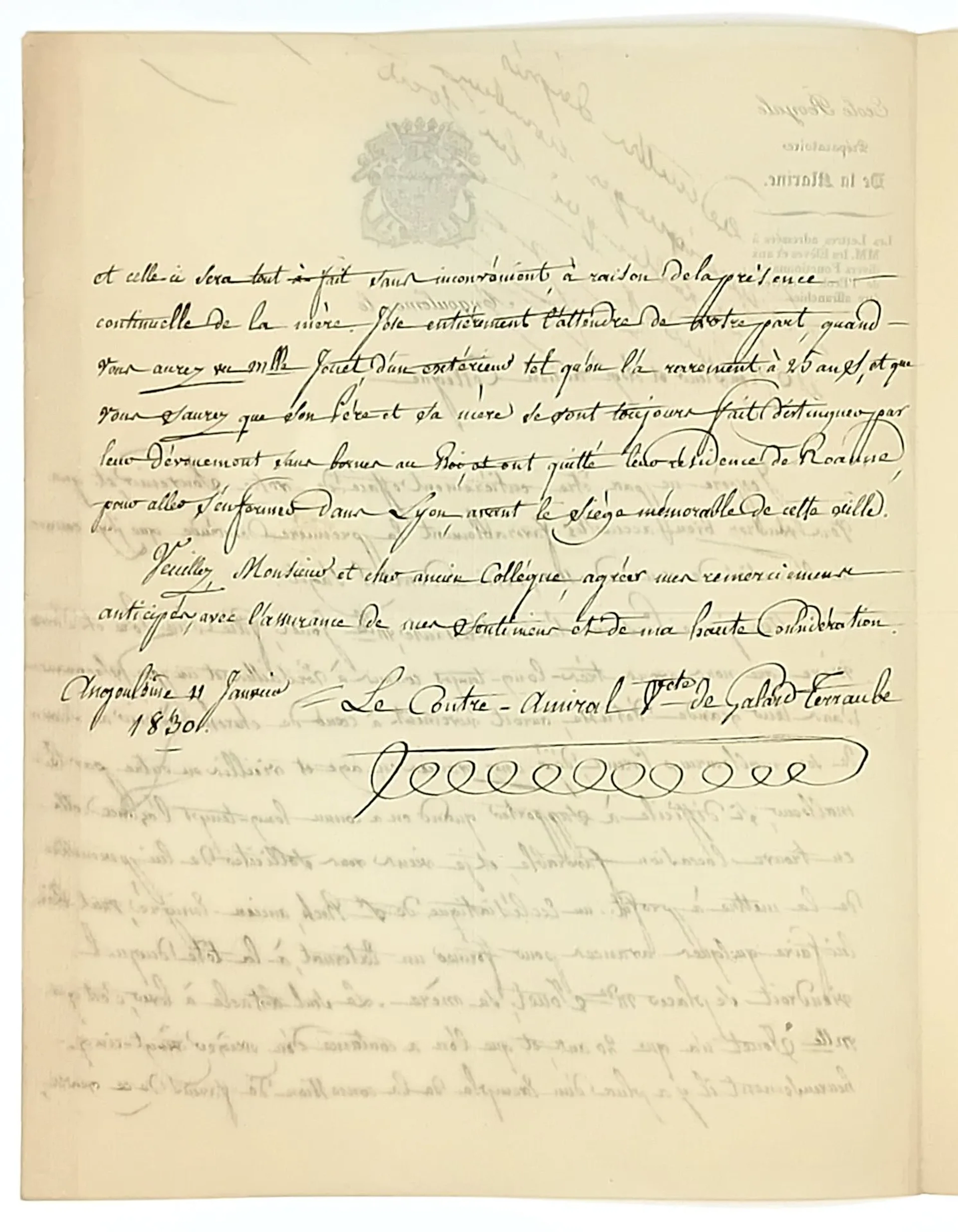 CHARENTE. ANGOULÈME, January 11, 1830 – Letter from Rear Adm - Lot 490