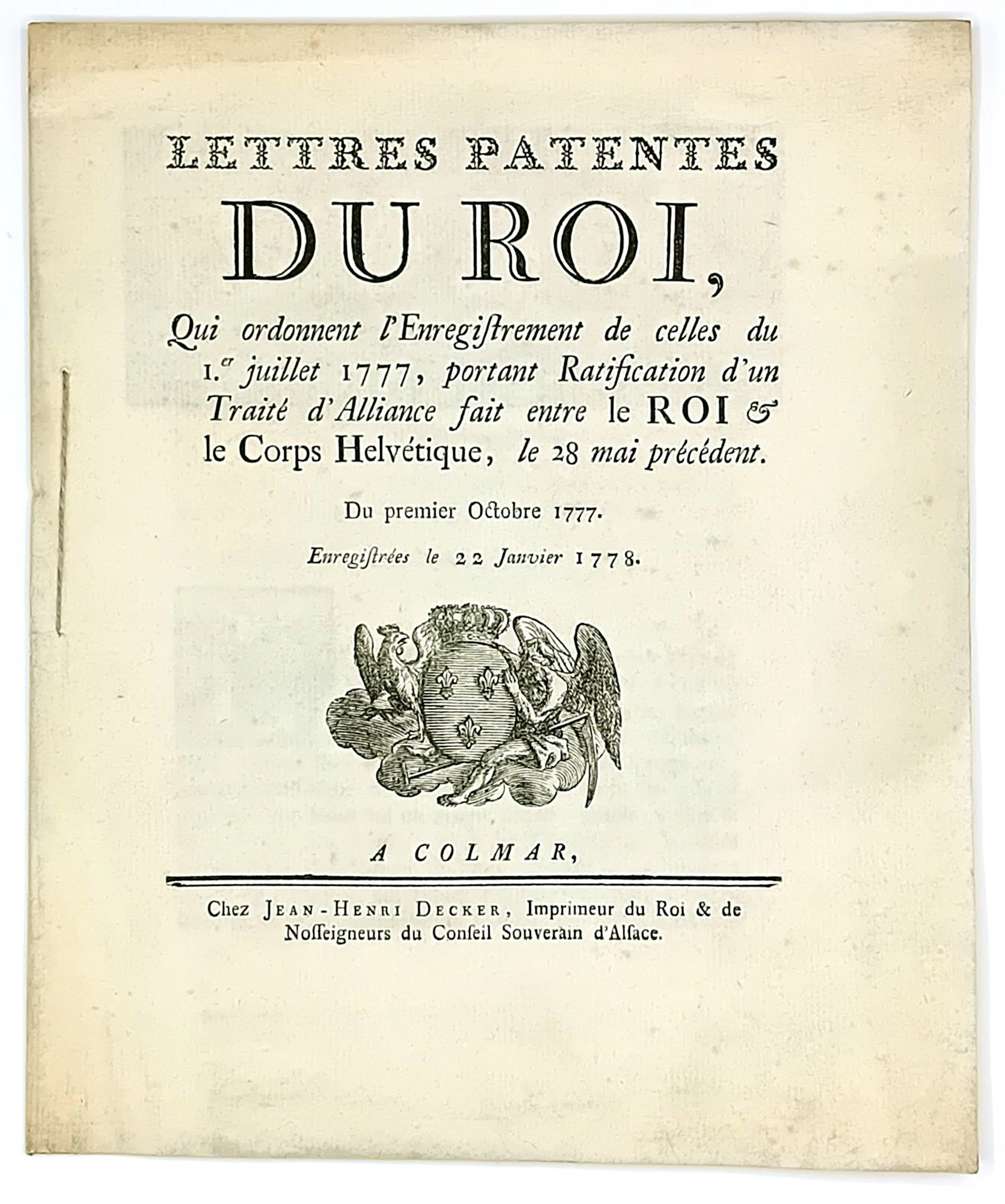 SWITZERLAND. “Letters Patent from the KING (Louis XVI), orde - Lot 127