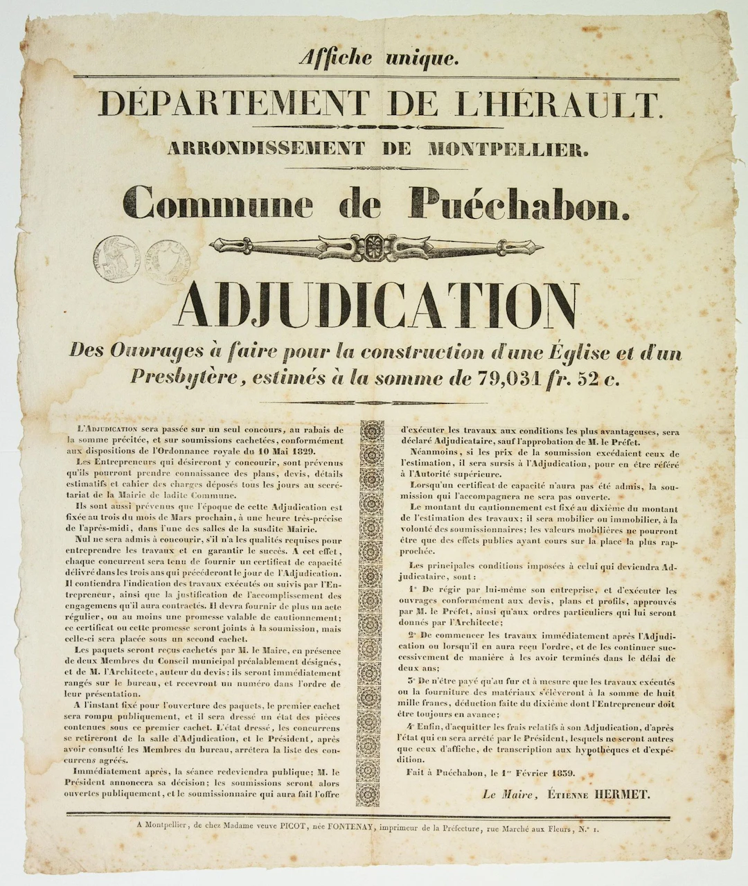 HÉRAULT. 1839. CONSTRUCTION D'UNE ÉGLISE " Commune de PUÉCHA - Lot 516