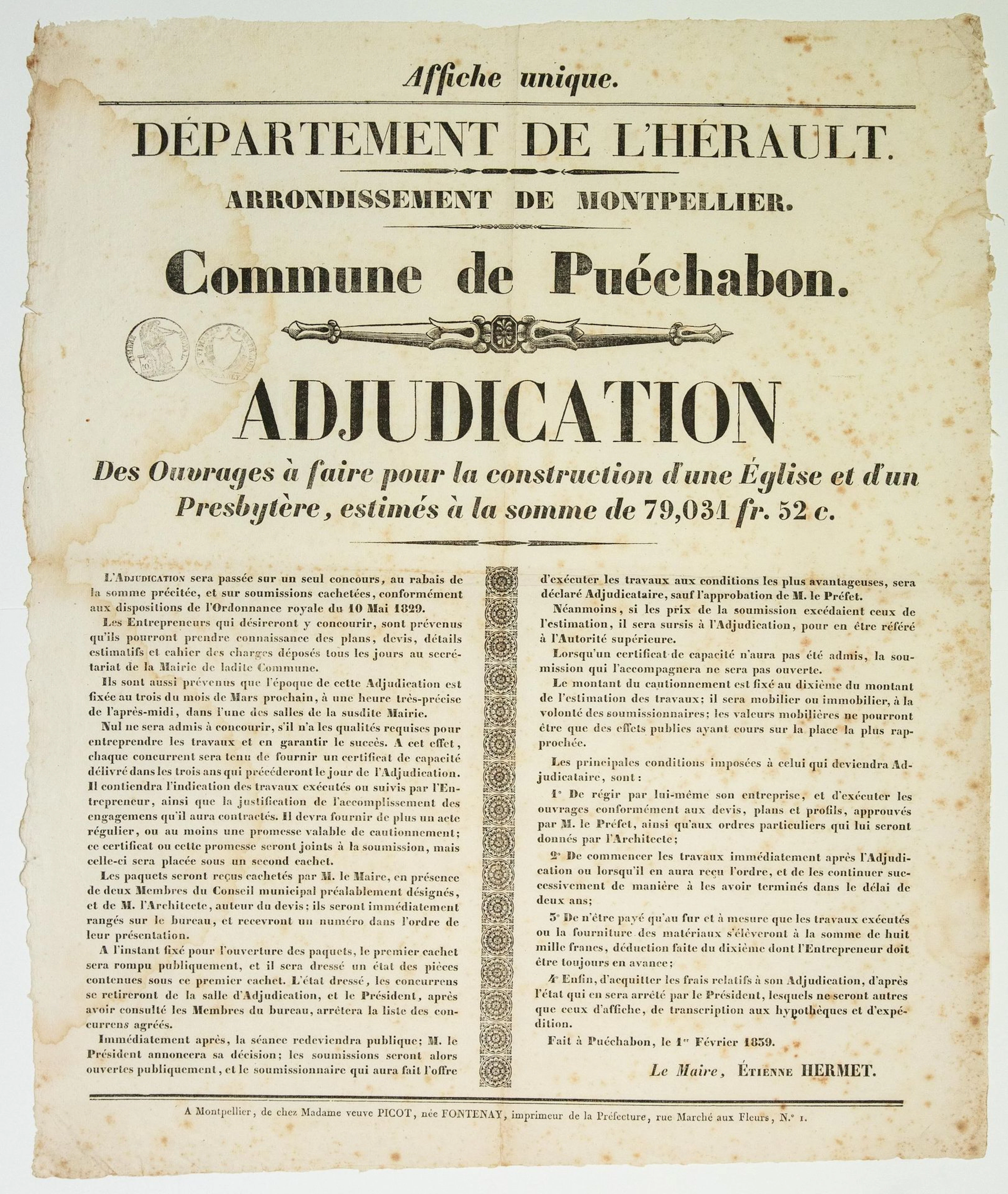 HÉRAULT. 1839. CONSTRUCTION D'UNE ÉGLISE " Commune de PUÉCHA - Lot 516