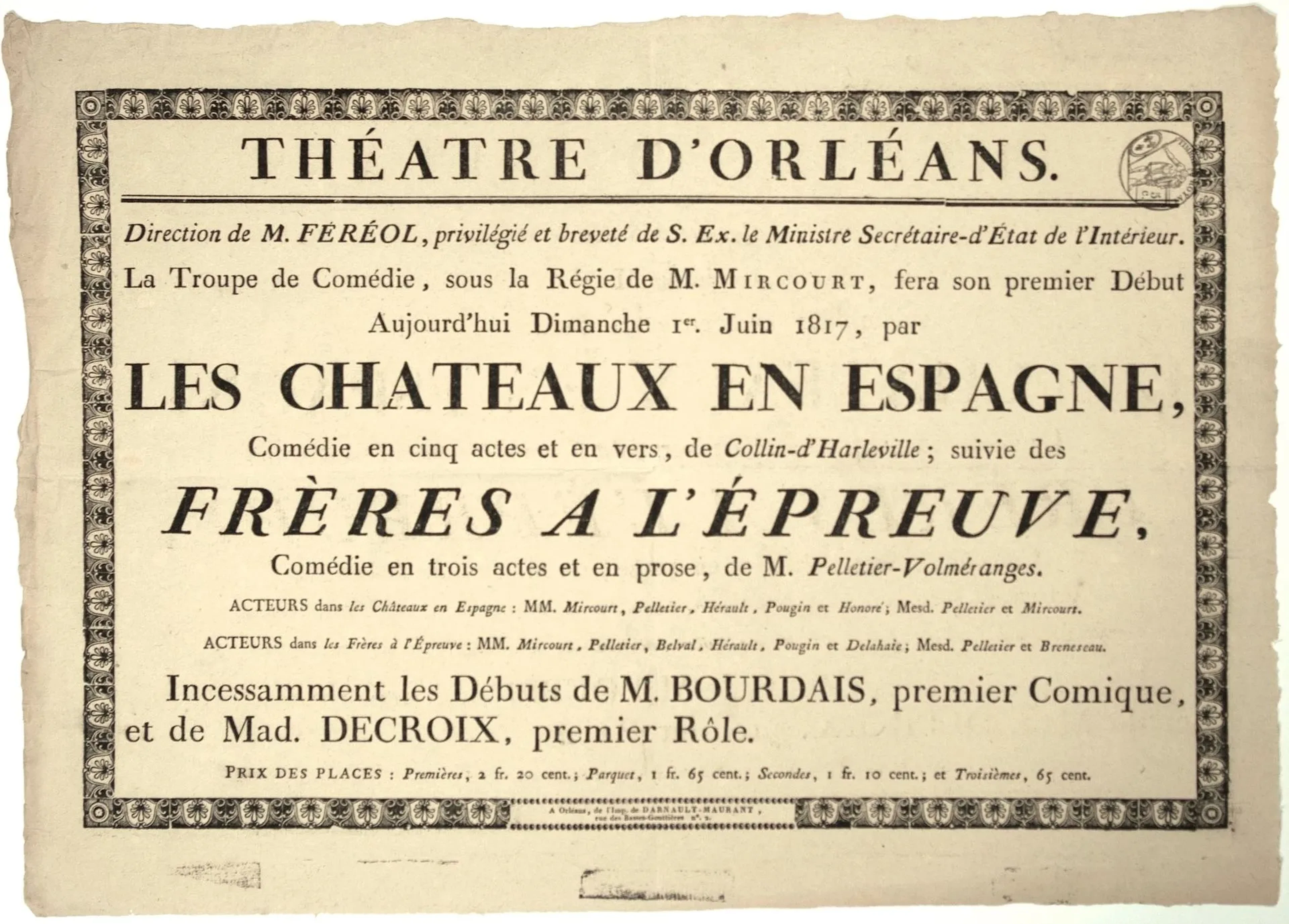 LOIRET. 1817. Poster for the “THÉÂTRE D’ORLÉANS.” ” “The Com - Lot 606