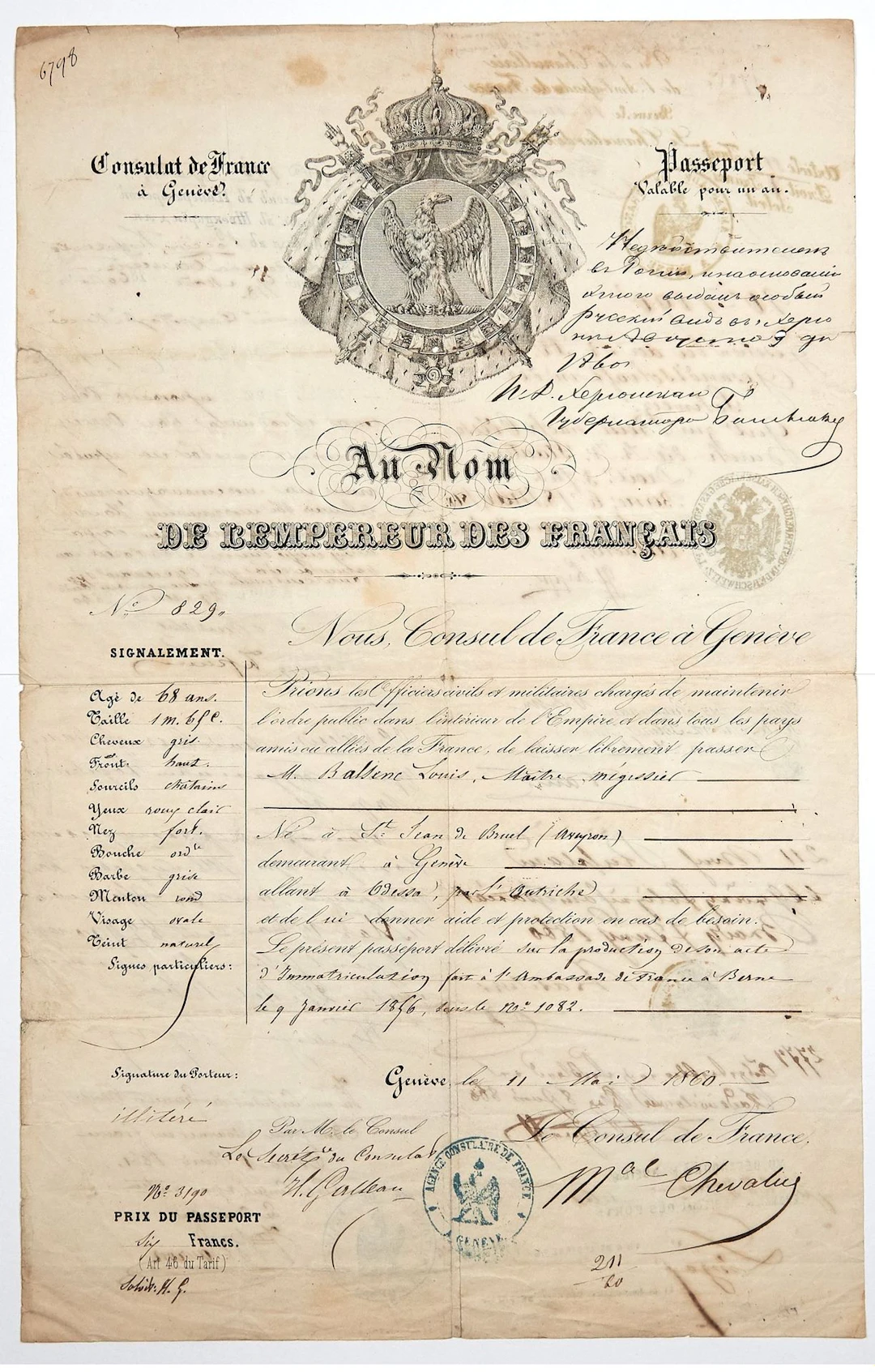 GENEVA (SWITZERLAND) May 11, 1860. PASSPORT issued by the Fr - Lot 582