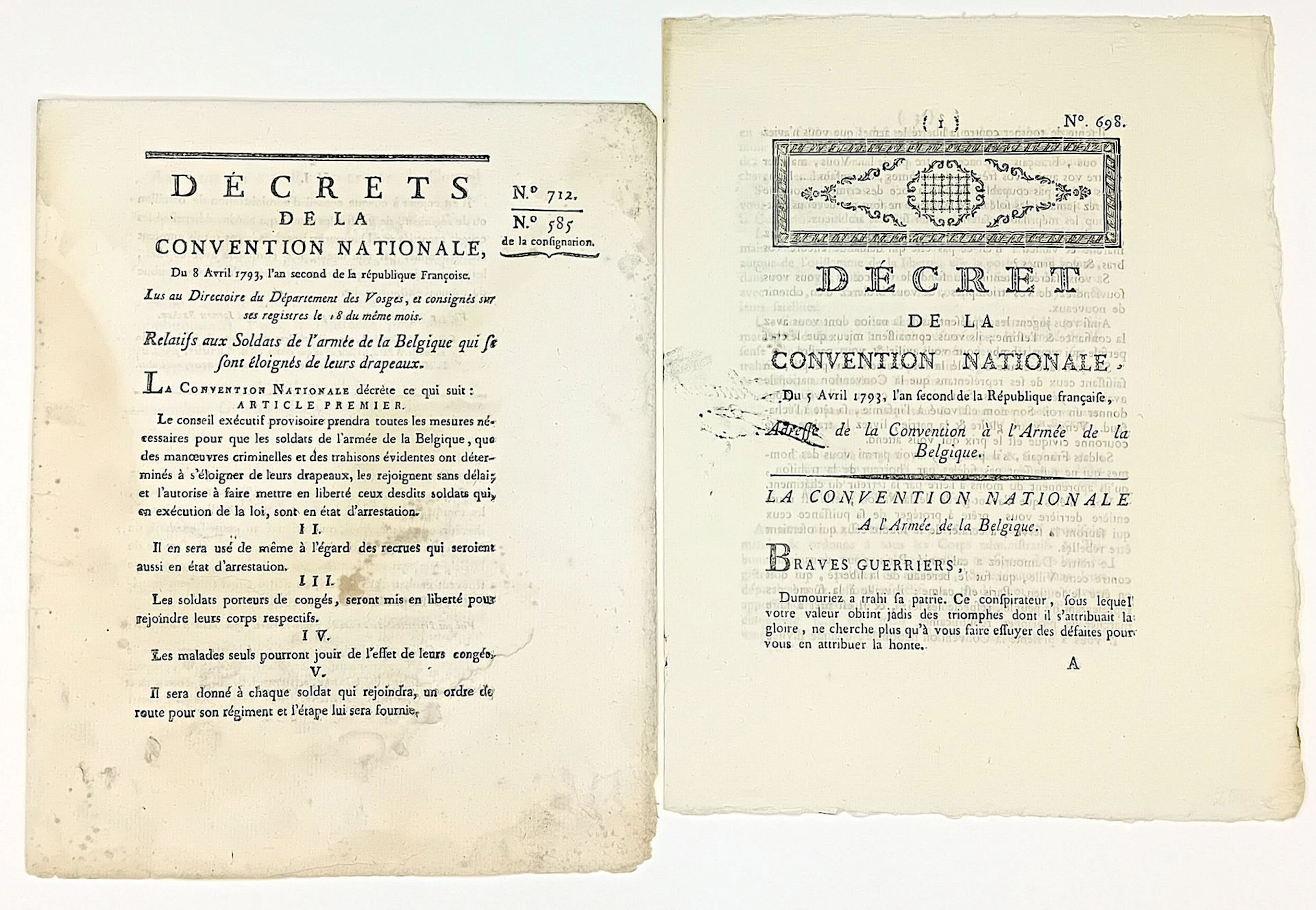 ARMÉE DE LA BELGIQUE. 2 Decrees: "Décret de la Convention Na - Lot 245