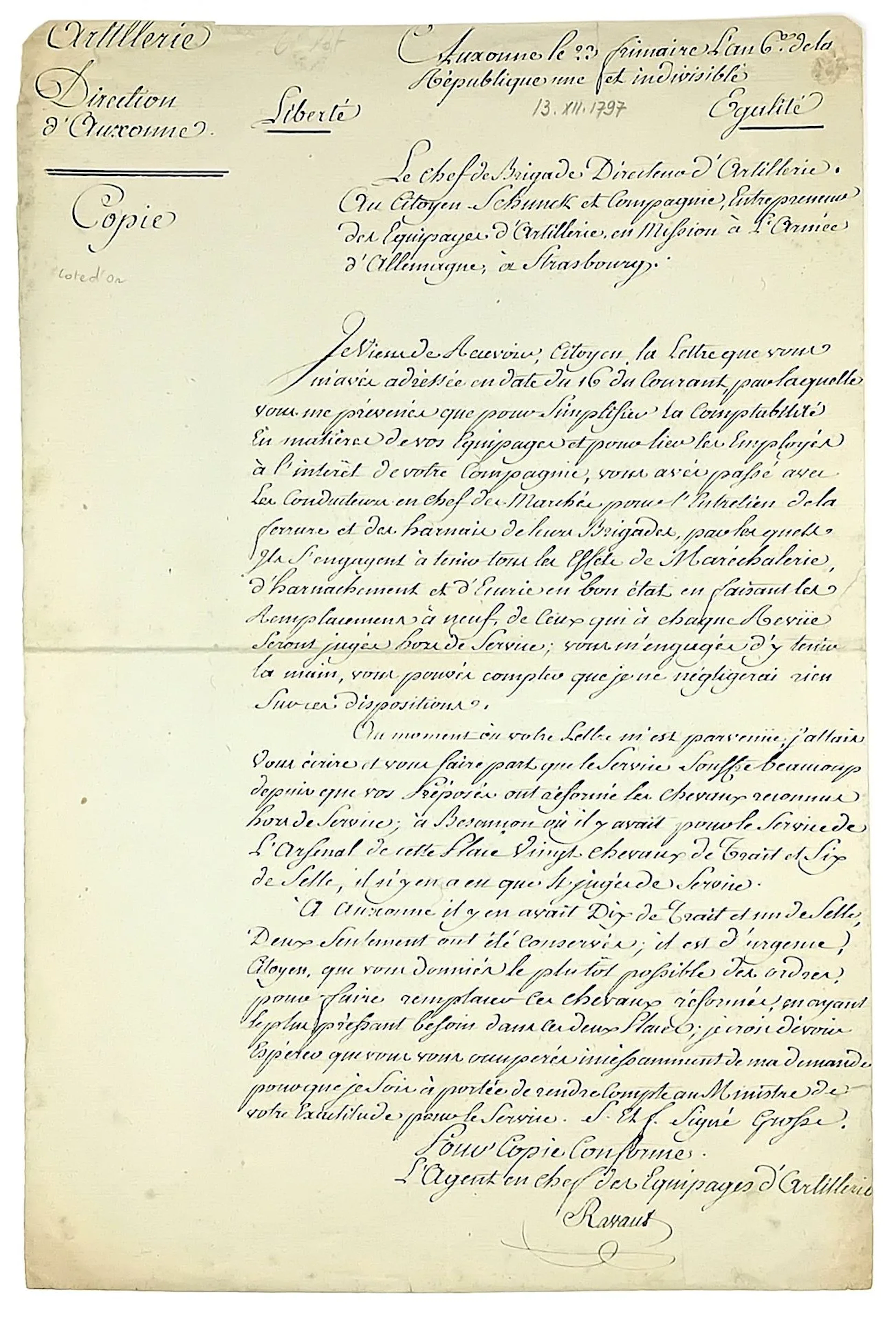 GERMAN ARMY IN STRASBOURG - AUXONNE, December 23, Year 6 (De - Lot 260