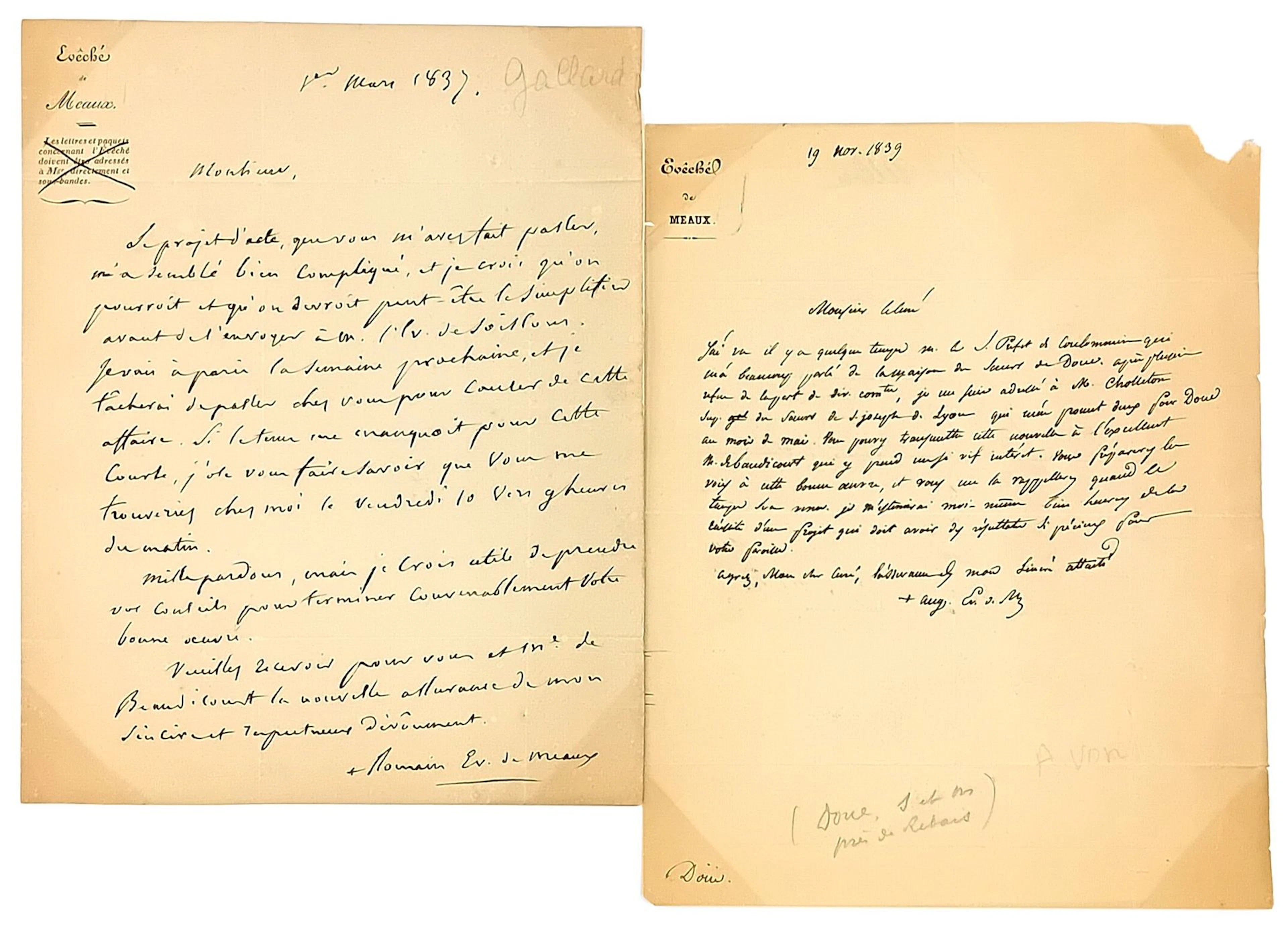SEINE-ET-MARNE. 2 Letters from Bishops: “DIOCESE OF MEAUX ” - Lot 512