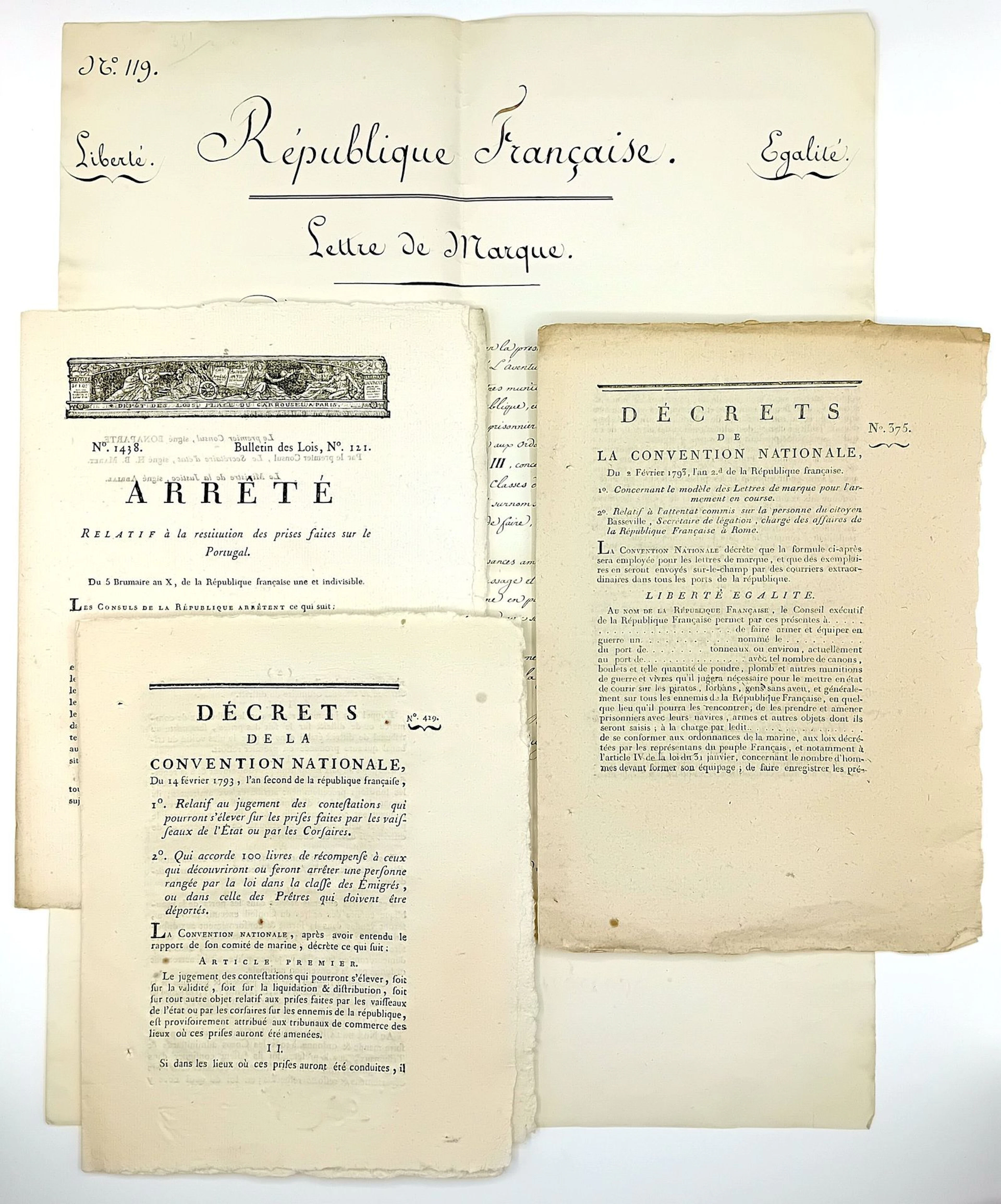 PRIVATEERS. 4 Items: (1 Manuscript and 3 Printed Copies): PR - Lot 216