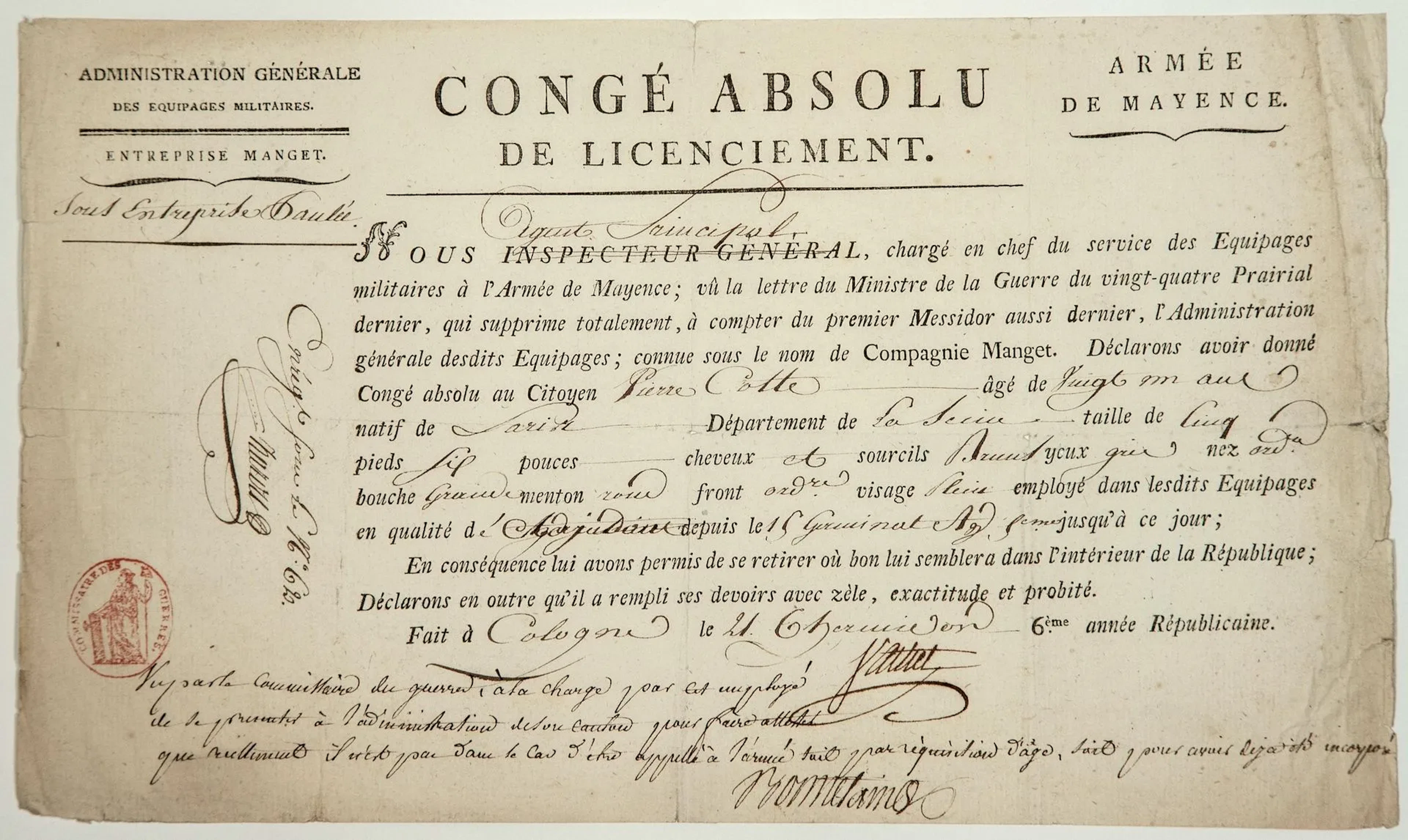 MAYENCE ARMY. COLOGNE (Germany) 1798. Congé absolu au Citoye - Lot 267