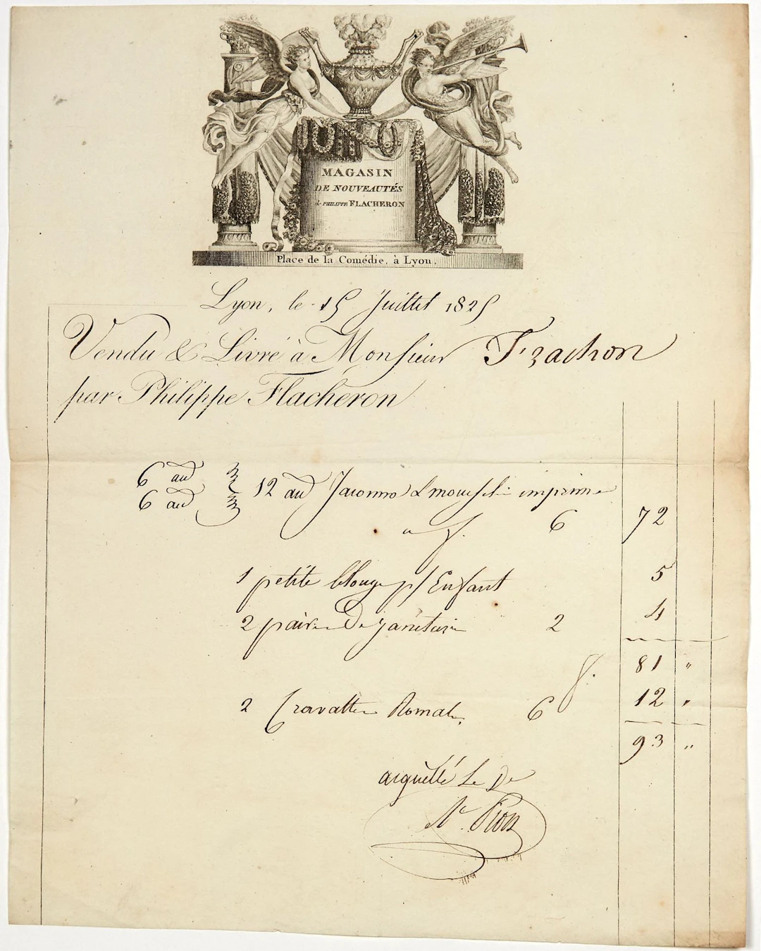 ENGRAVED INVOICE FROM LYON (69) dated July 15, 1825. Engrave - Lot 469