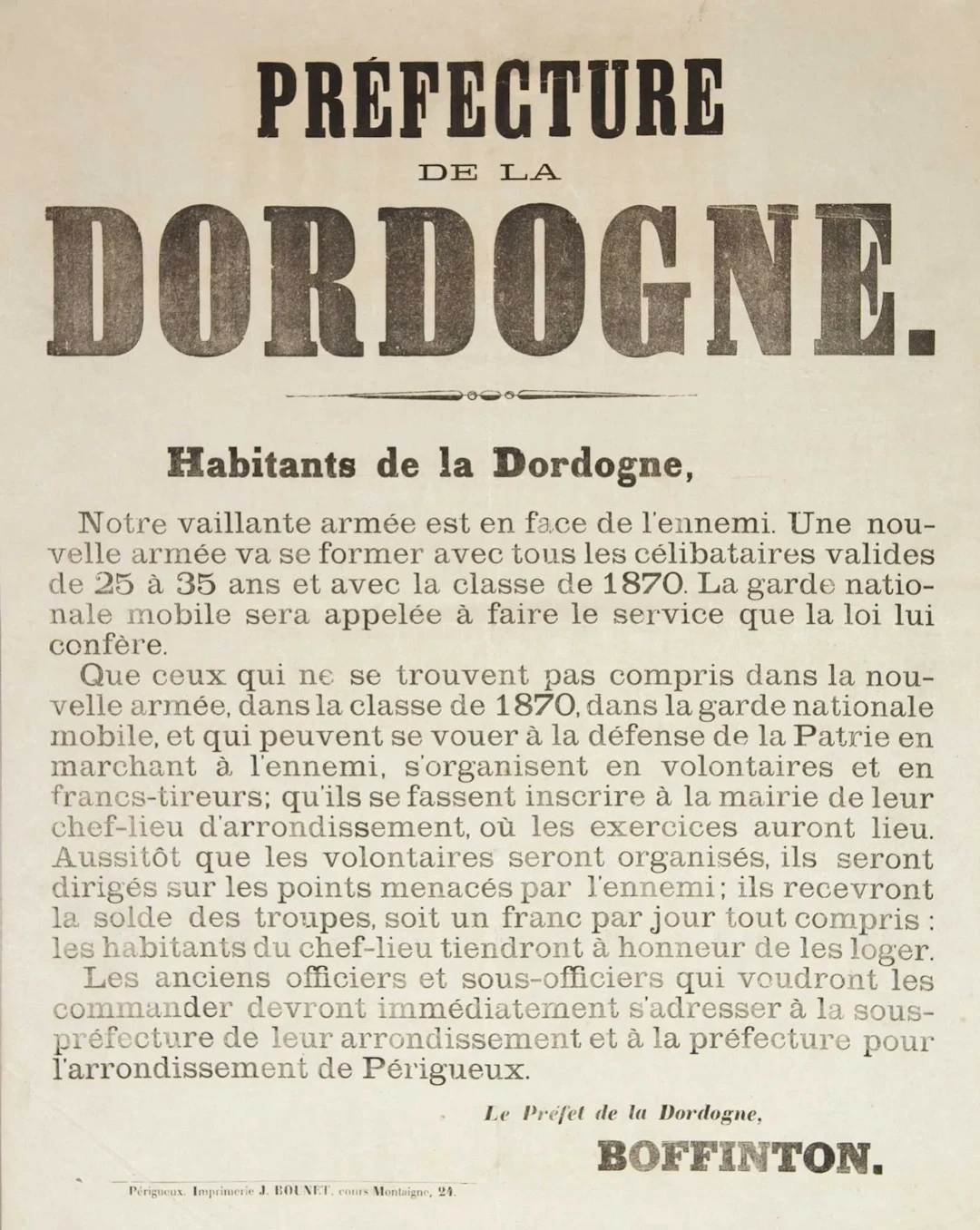 DORDOGNE. War of 1870: Address from BOFFINTON, Prefect, to t - Lot 619