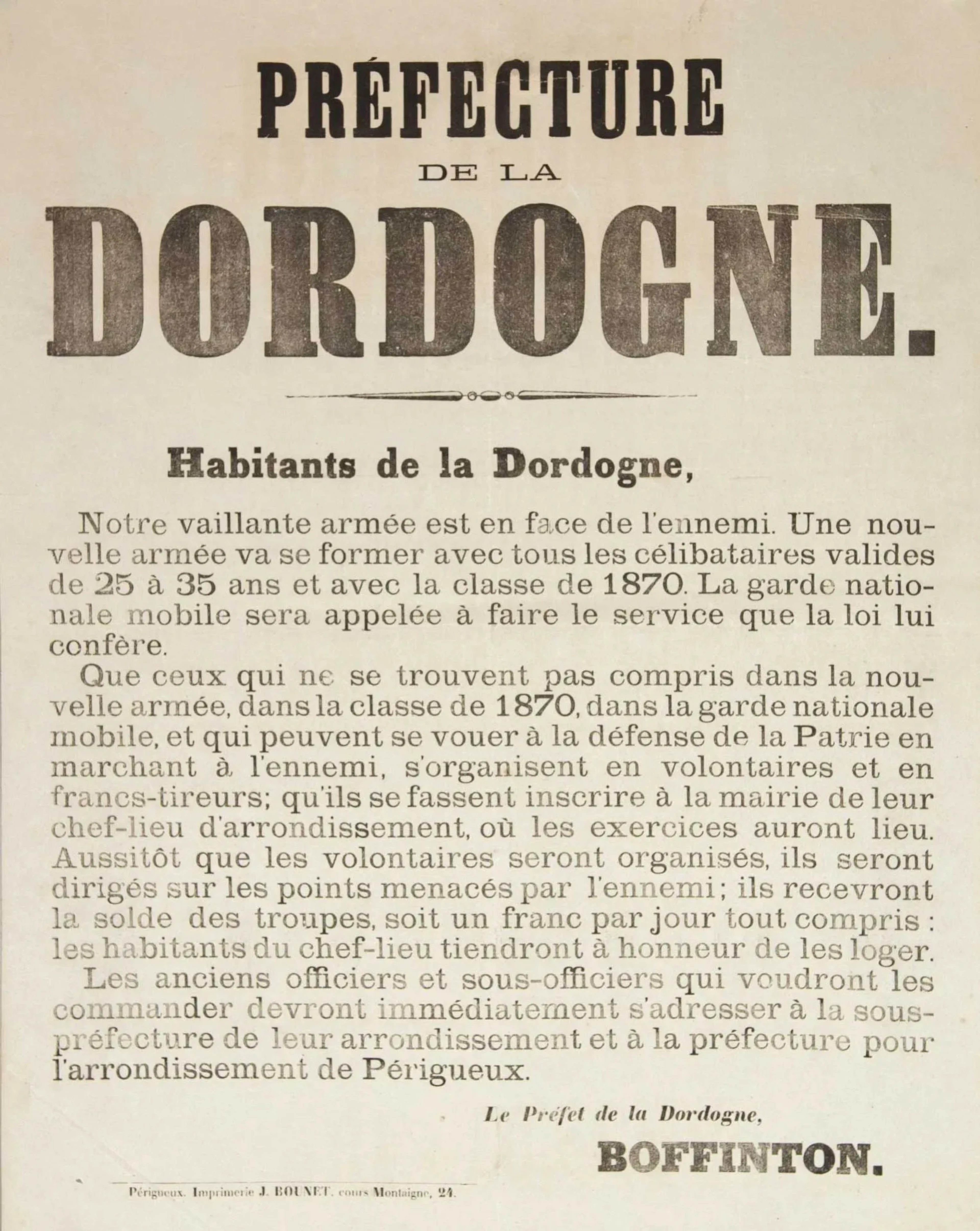 DORDOGNE. War of 1870: Address from BOFFINTON, Prefect, to t - Lot 619