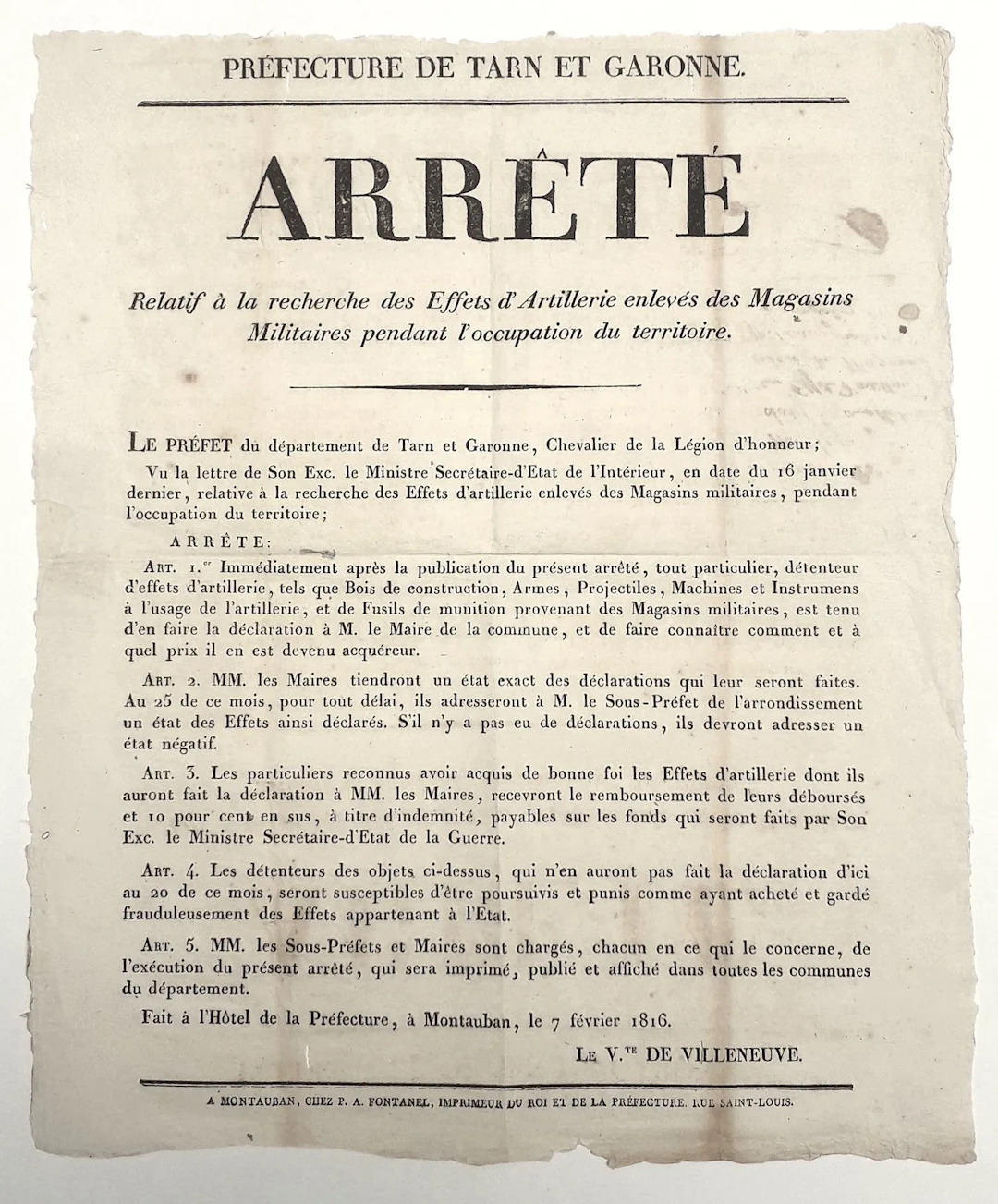 TARN-ET-GARONNE. 1816. Arrêté du Vicomte de VILLEMEUVE, Préf - Lot 415