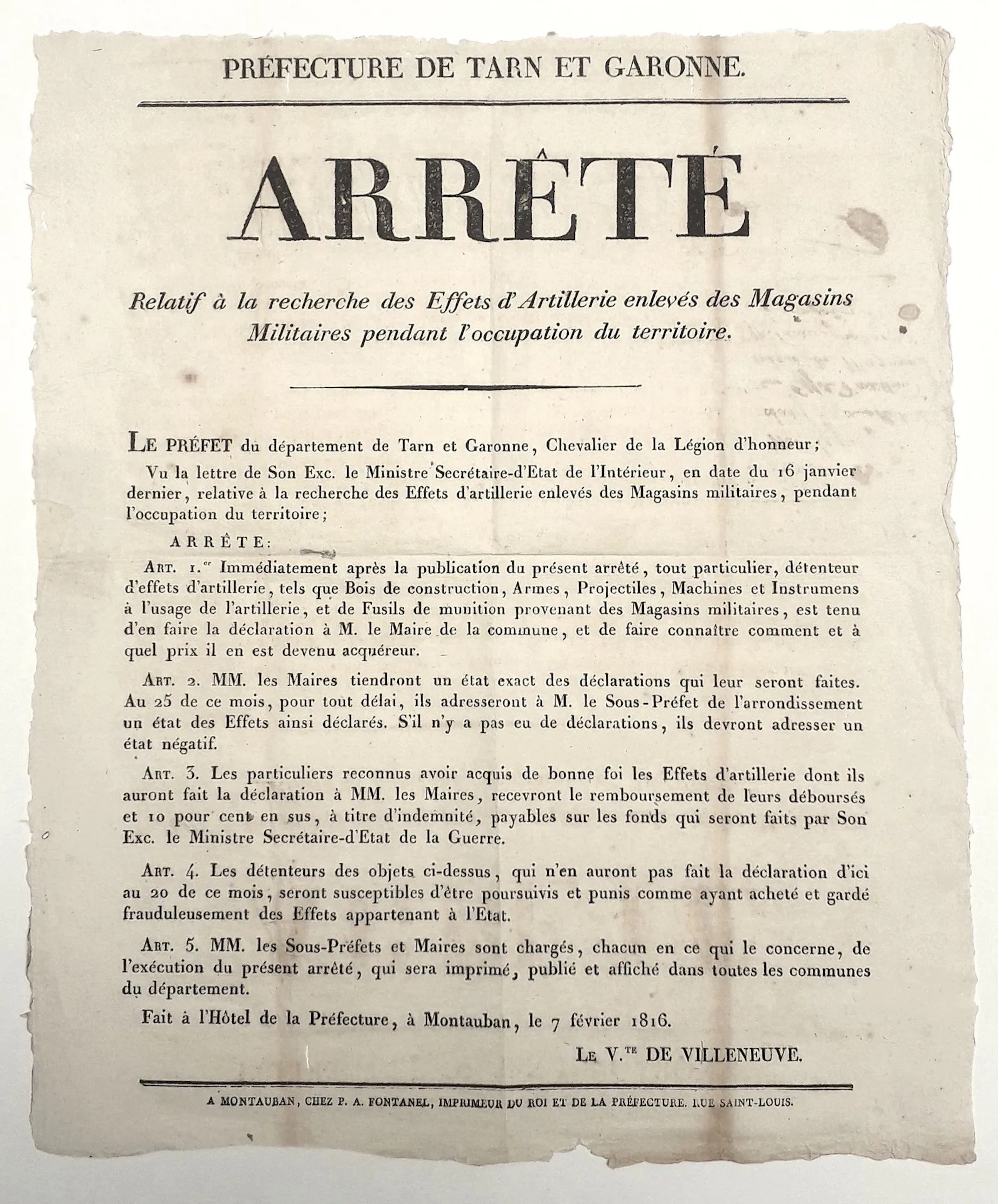 TARN-ET-GARONNE. 1816. Arrêté du Vicomte de VILLEMEUVE, Préf - Lot 415